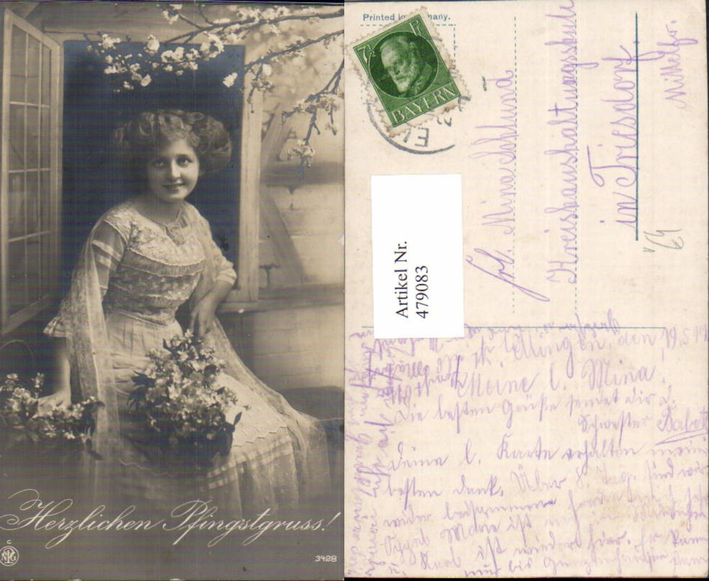 479083,Frau Kleid Lockenkopf Blumenstrauß Blütenzweig Pfingsten pub NPG 3428