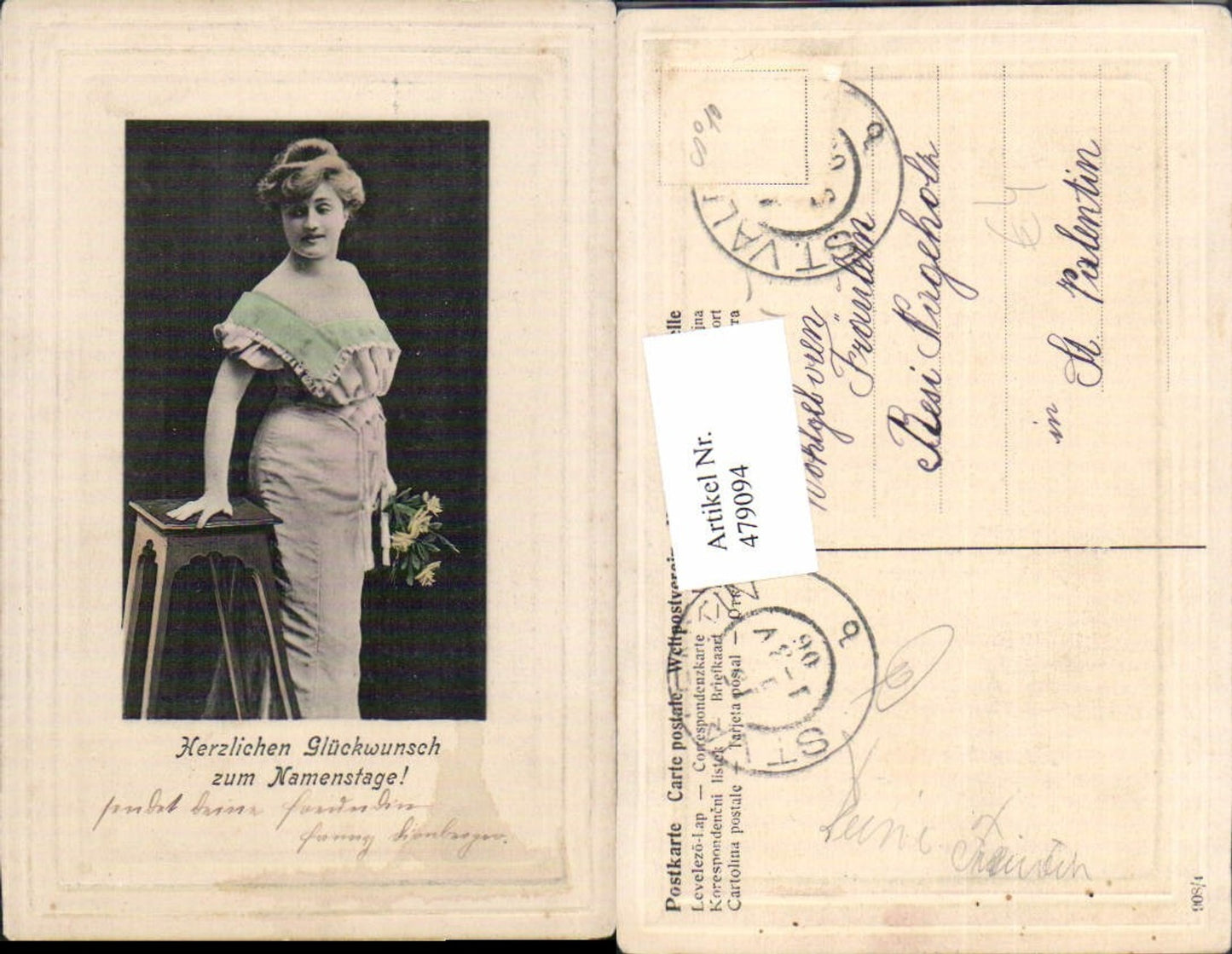 479094,Frau Kleid Blumenstrauß Namenstag Präge Passepartout