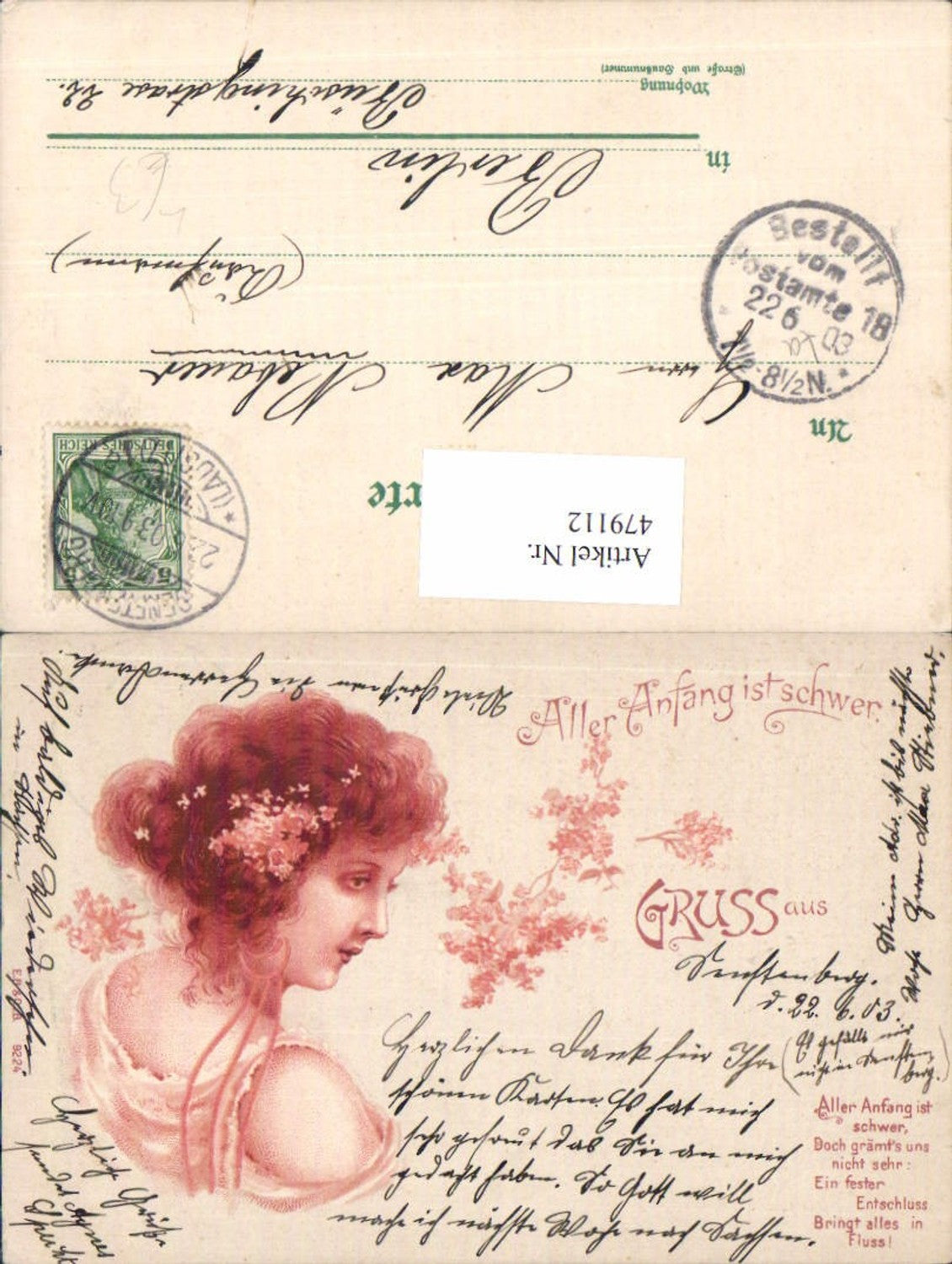 479112,Litho Frau Blumen i. Haar Aller Anfang ist schwer Portrait