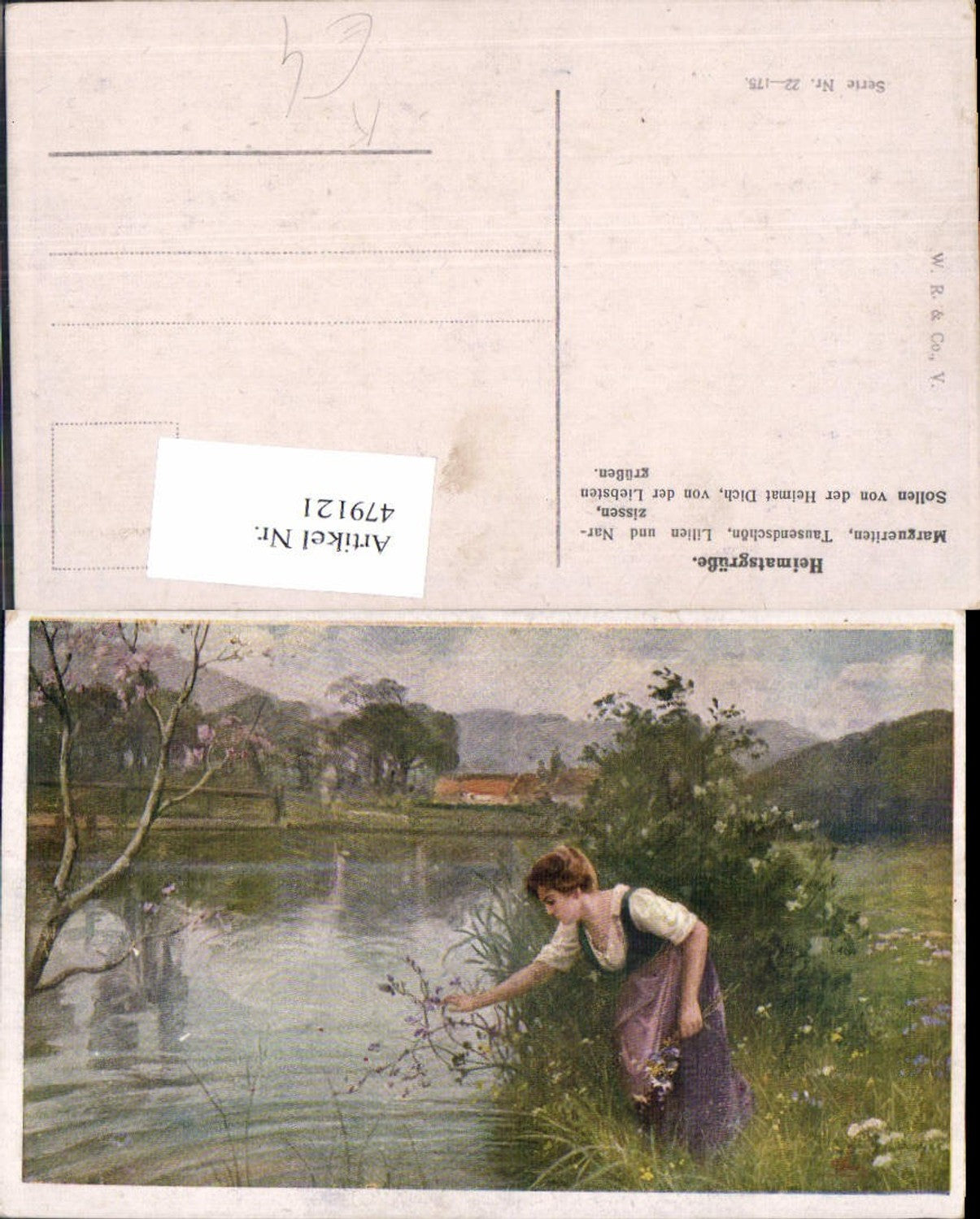 479121,Künstler Ak Frau b. Blumen pflücken Blumen Landschaft