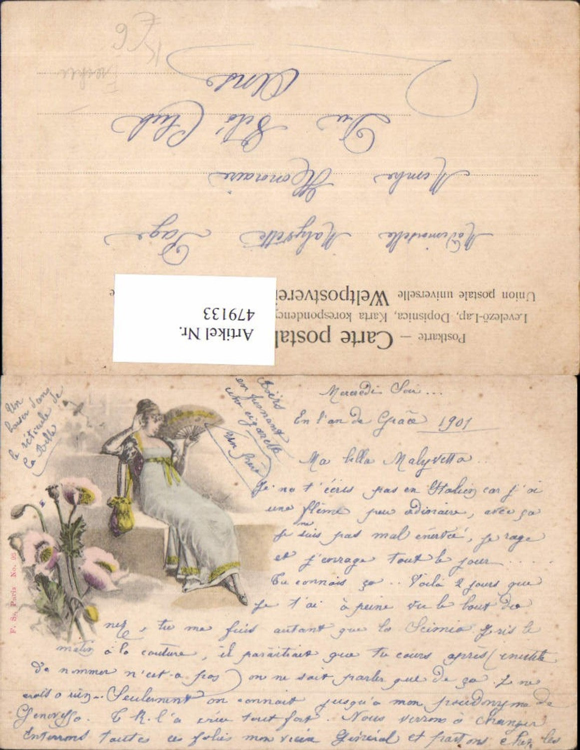 479133,Künstler Ak Frau m. Fächer Handtasche Blumen