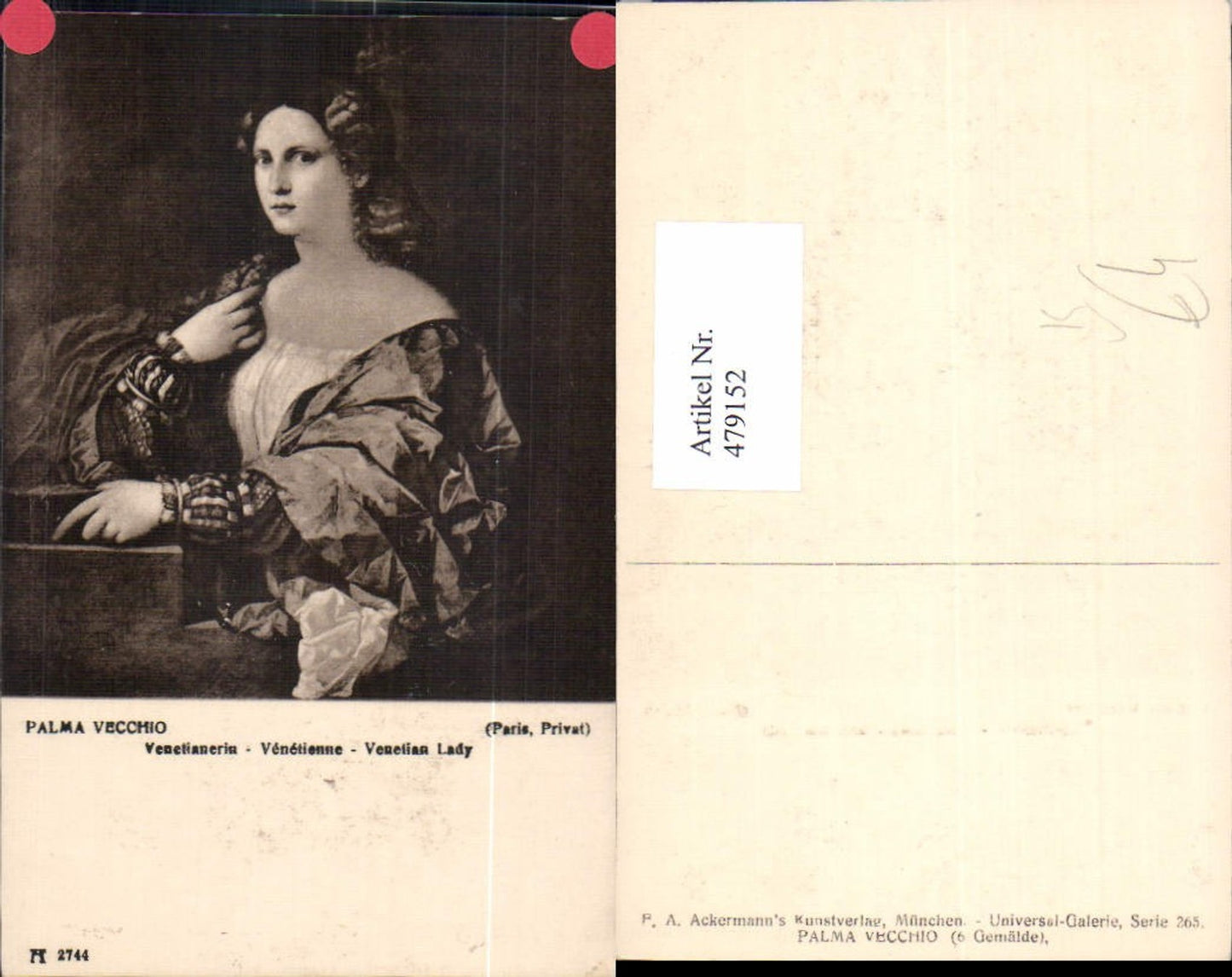 479152,Künstler Ak Palma Vecchio Venetian Lady Frau Portrait pub F. A. Ackermann 265/2744
