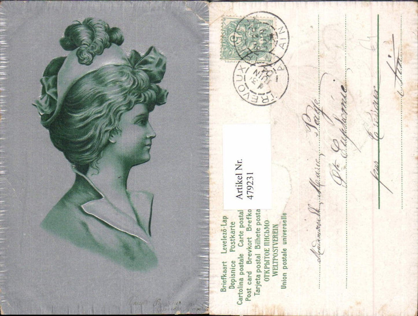 479231,Präge Ak Frau mit Hut Federhut Silberkarte