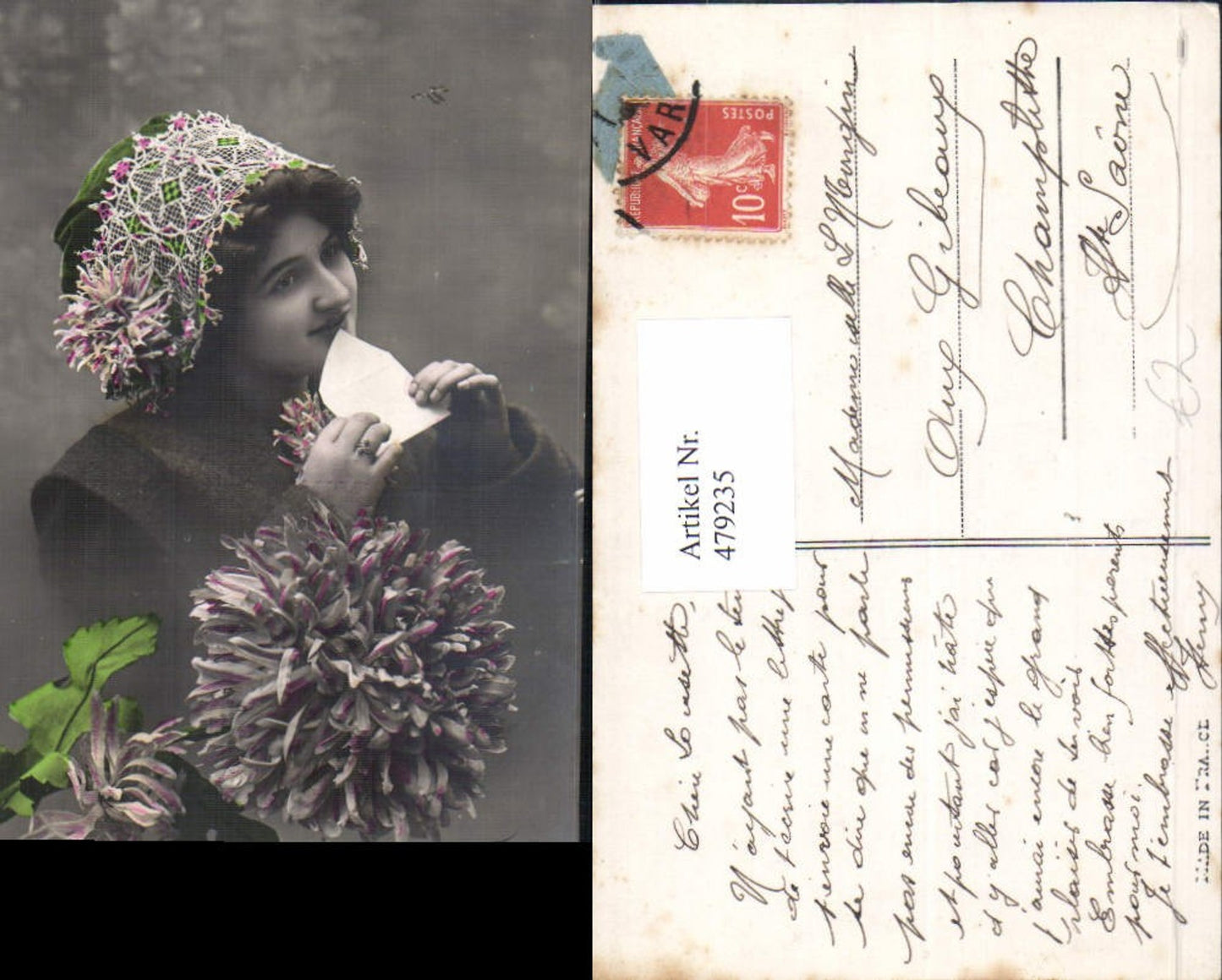 479235,Frau mit Hut Briefkuvert Blume