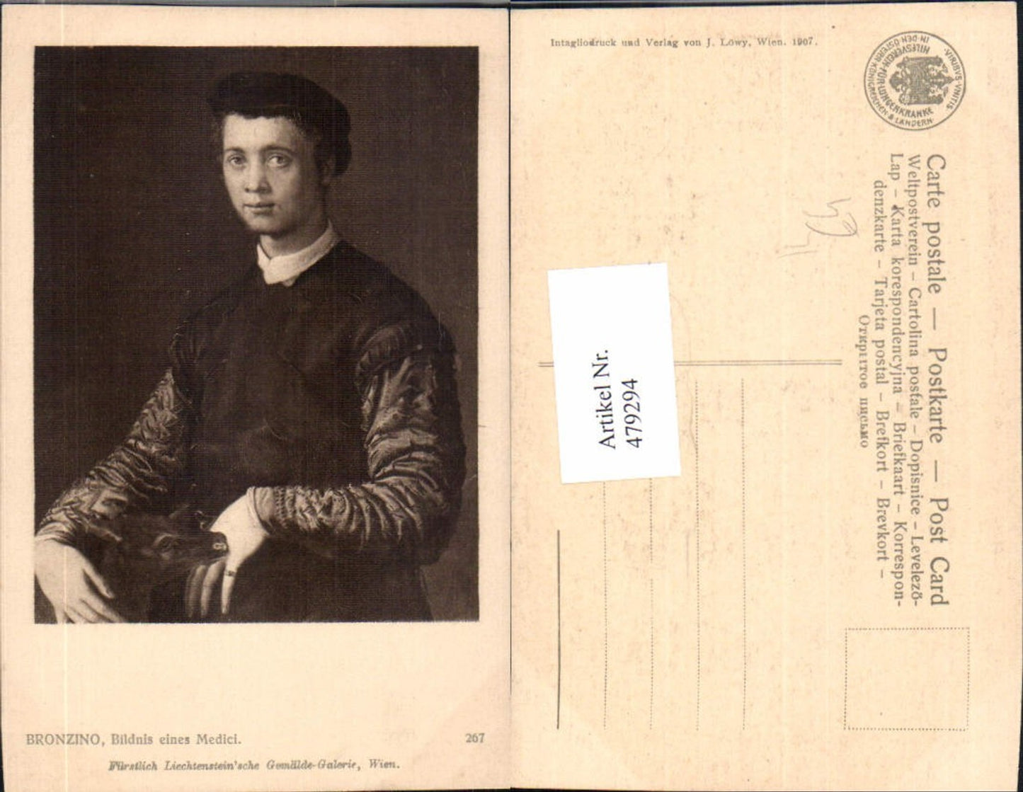 479294,Künstler Ak Bronzino Bildnis eines Medici Mann Anzug Hut Reh Tier