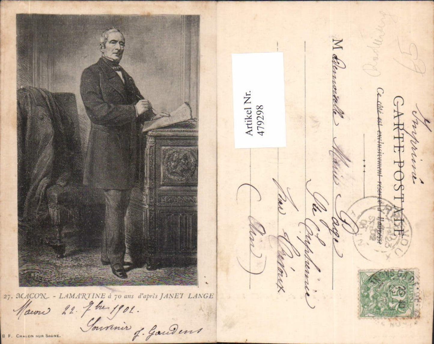 479298,Künstler Ak Radierung Janet Lange Macon Lamartine Mann Anzug Schreiben