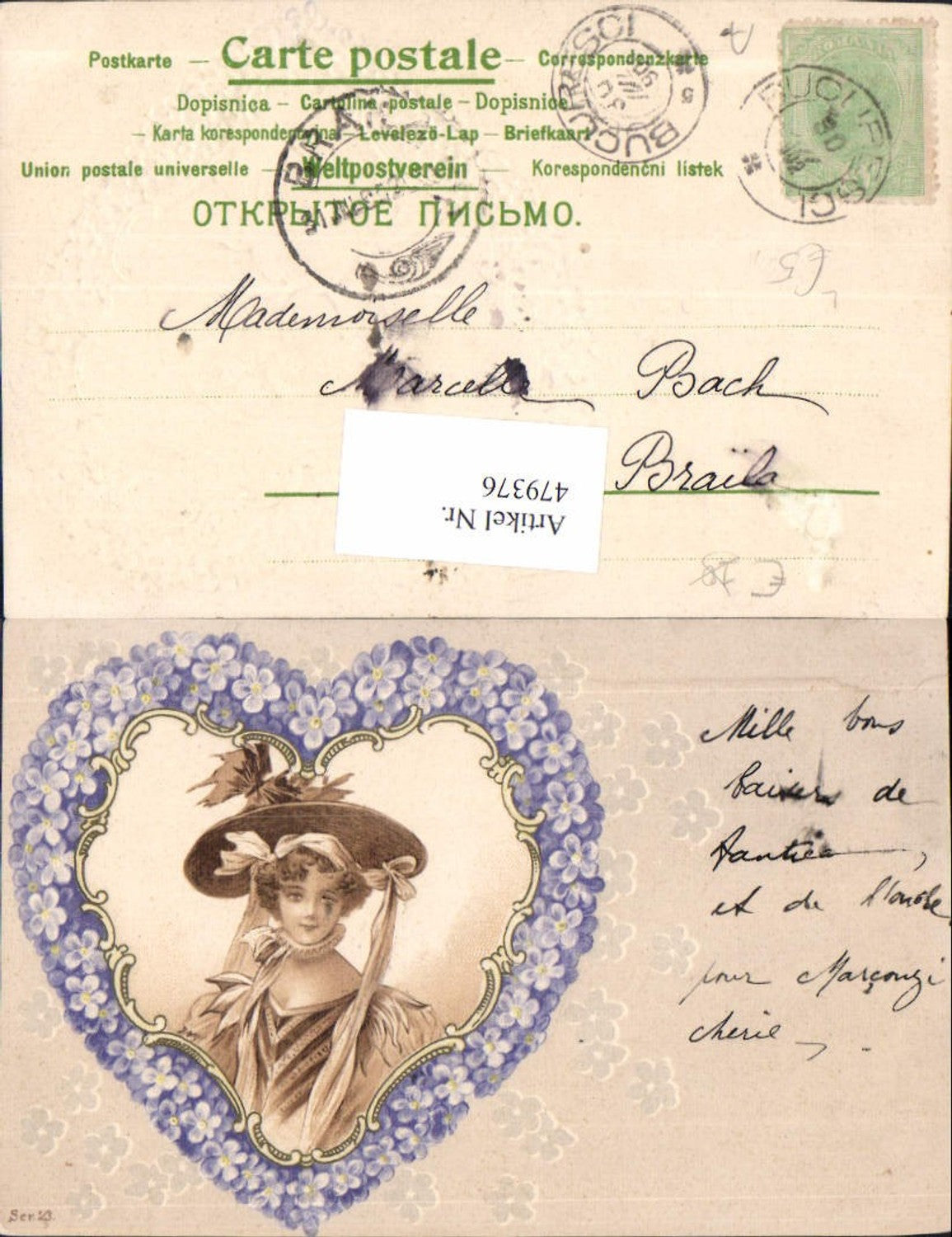 479376,Präge Litho Frau mit Hut Portrait Passepartout Blumen Blüten Herz