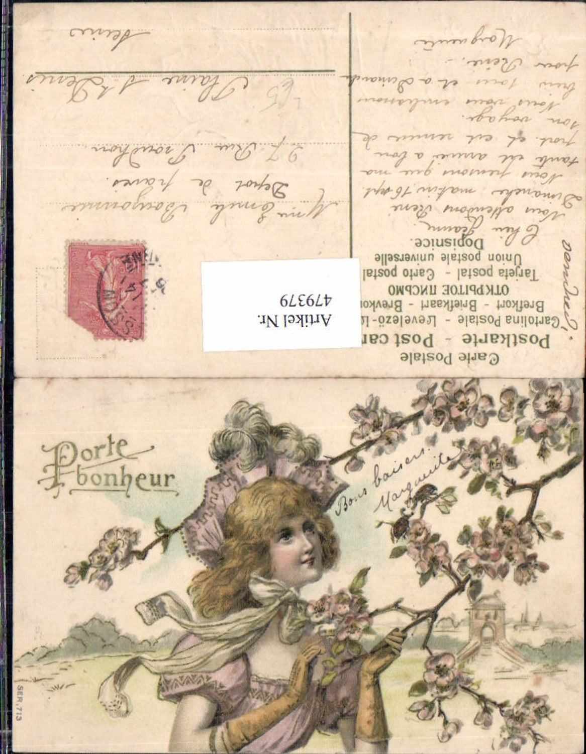 479379,Präge Litho Frau mit Hut Federhut Kleid Blütenzweig Goldverzierung