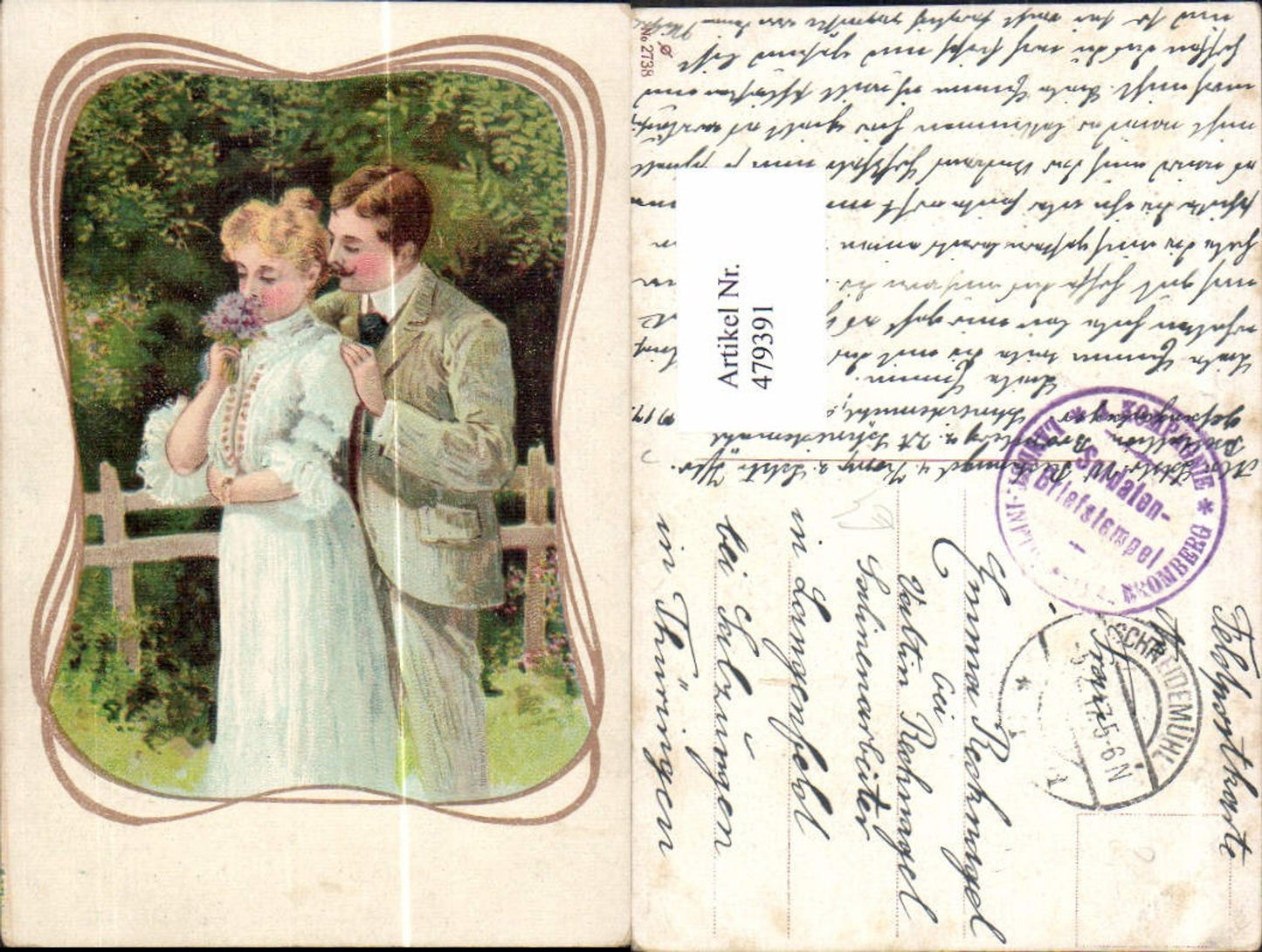 479391,Künstler Ak Paar Liebe Frau Blumenstrauß Passepartout