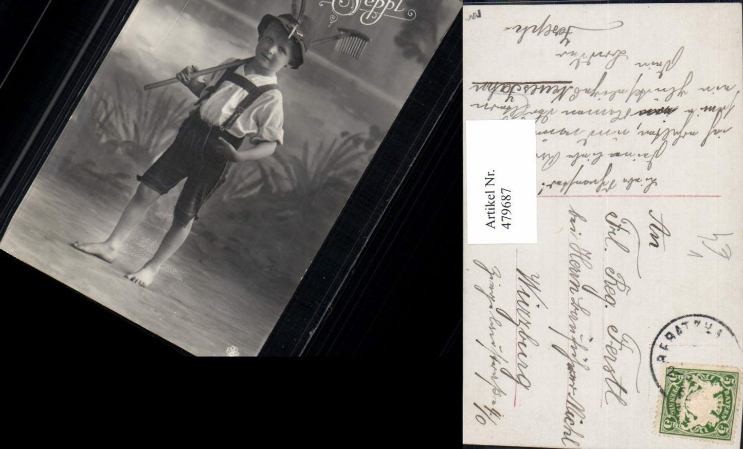 479687,Kind Bub Junge in Tracht Lederhose Hut m. Rechen pub RPH SBW 1293/94