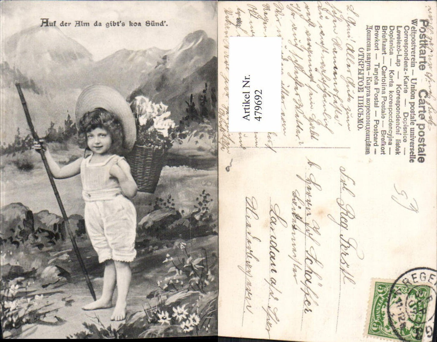 479692,Kind m. Strohhut Hut Wanderstock Rückenkorb Auf d. Alm da gibt’s koa Sünd
