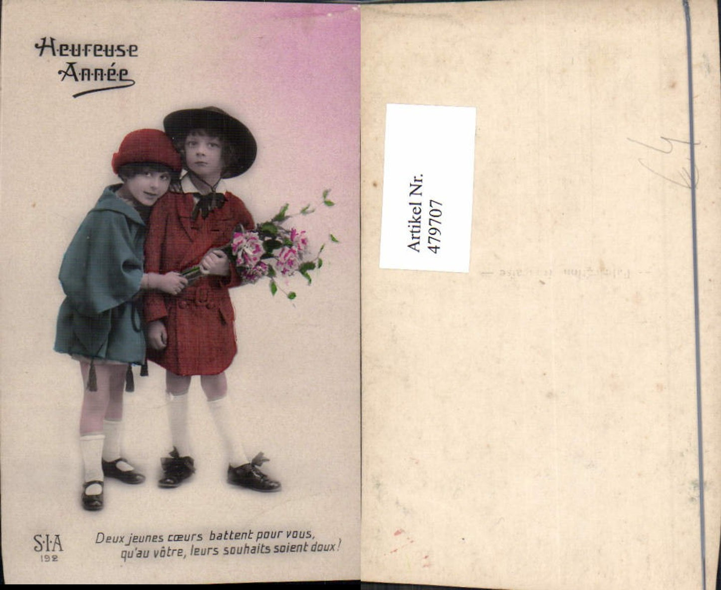 479707,Foto Ak Kinder Mantel Hut Blumenstrauß Heureuse Annee