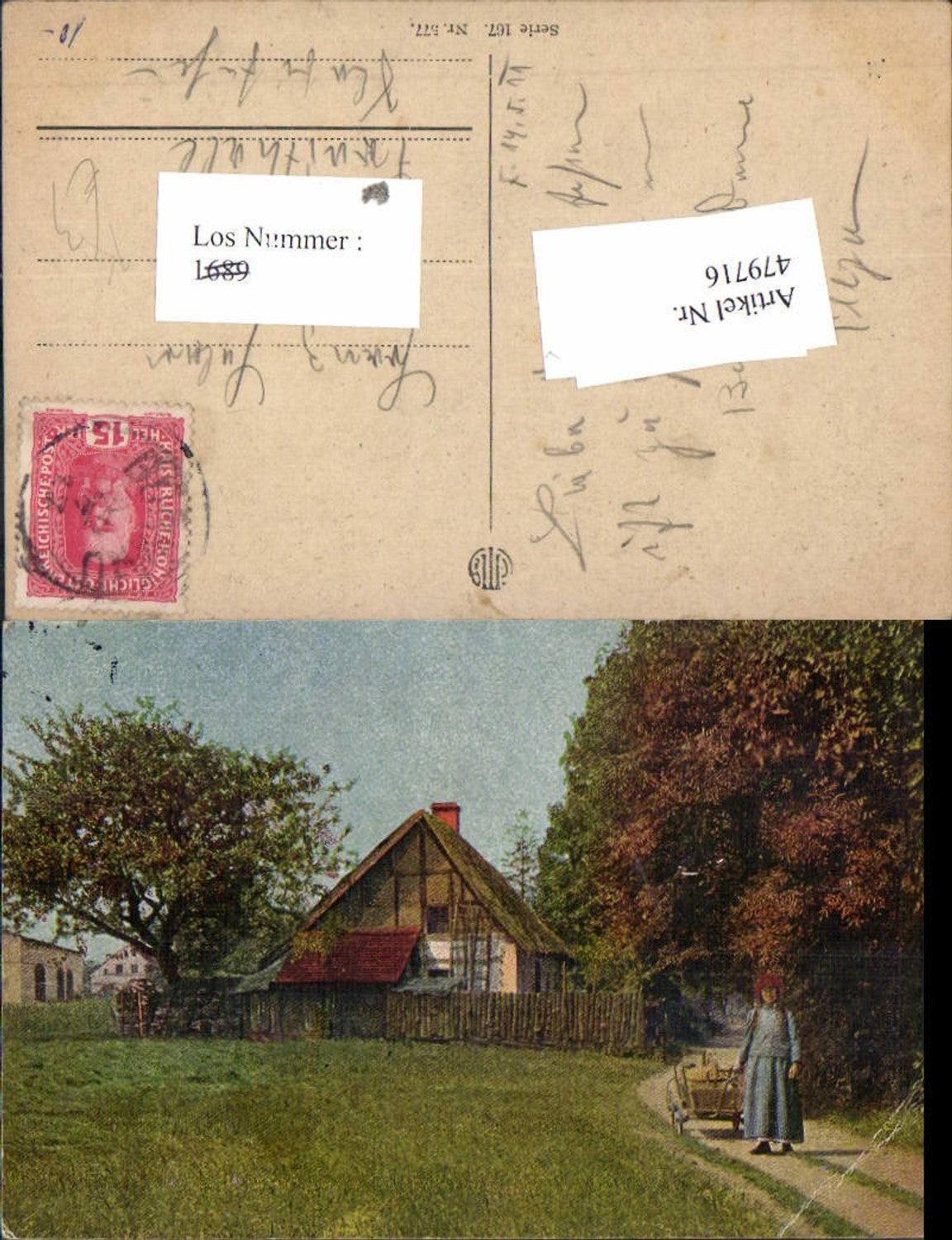479716,Künstler Ak Kind Mädchen Leiterwagen Haus Bauernhof Landschaft