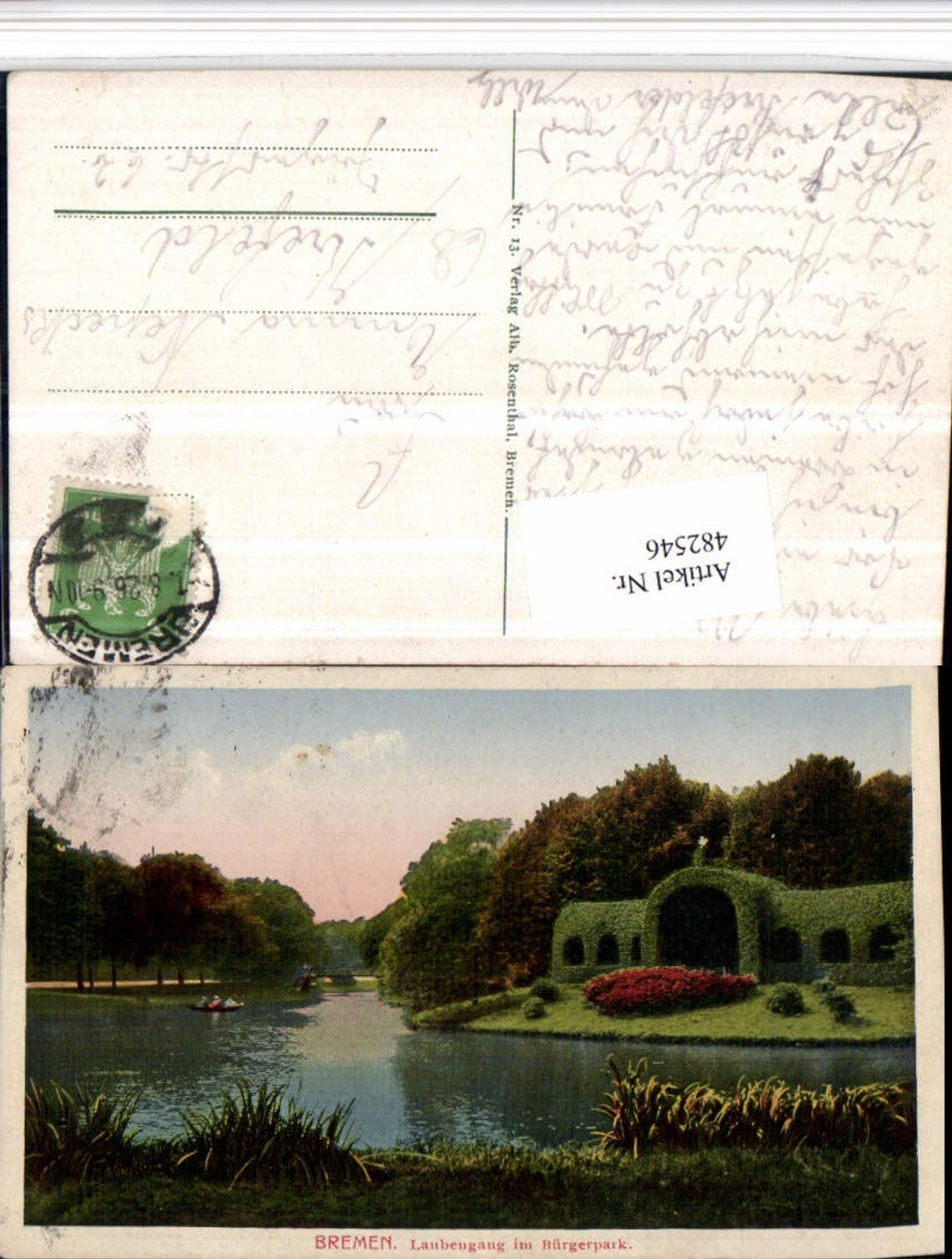 482546, Bremen, covered walkway in the Bürgerpark, pond