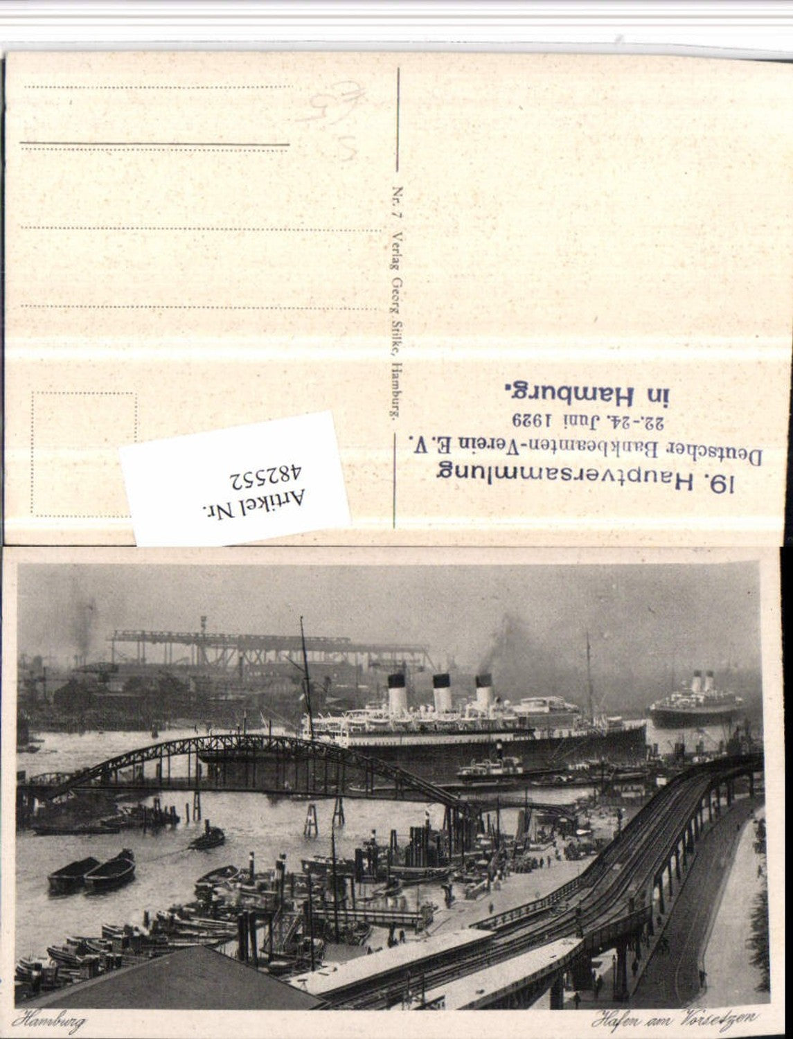 482552,Hamburg Hafen Dampfer 19 Hauptvers. Dt. Bankbeamten 1929 Stempel