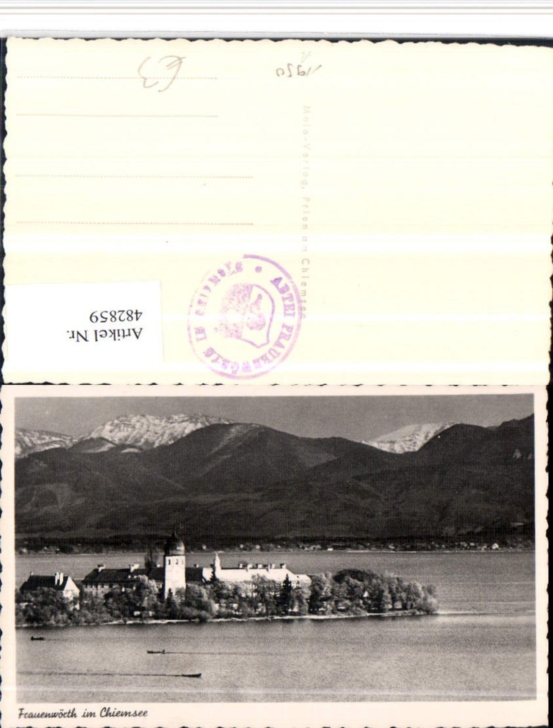 482859,Frauenwörth im Chiemsee Totale Bergkulisse