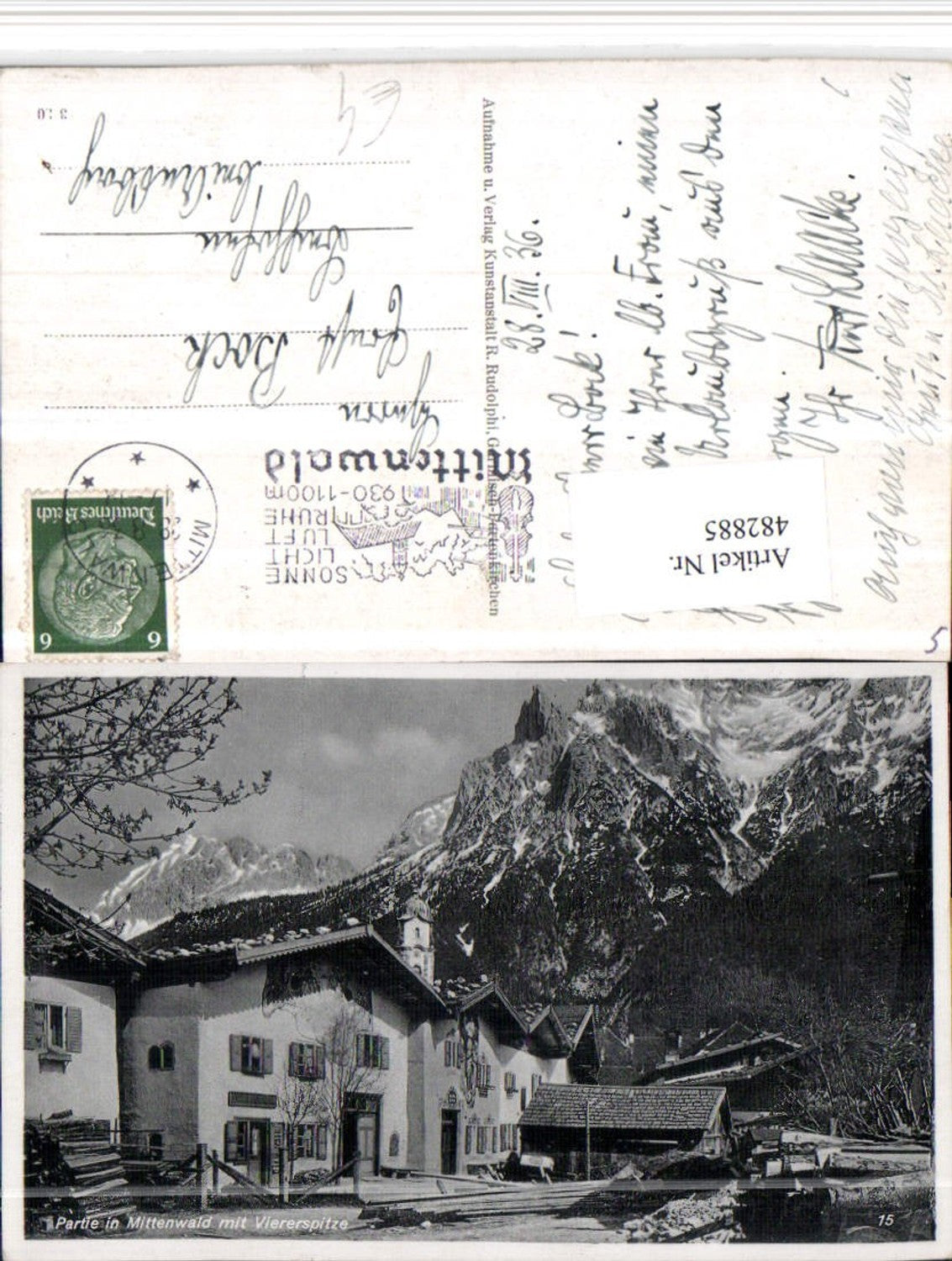 482885,Mittenwald Partie Häuser m. Viererspitze Bergkulisse