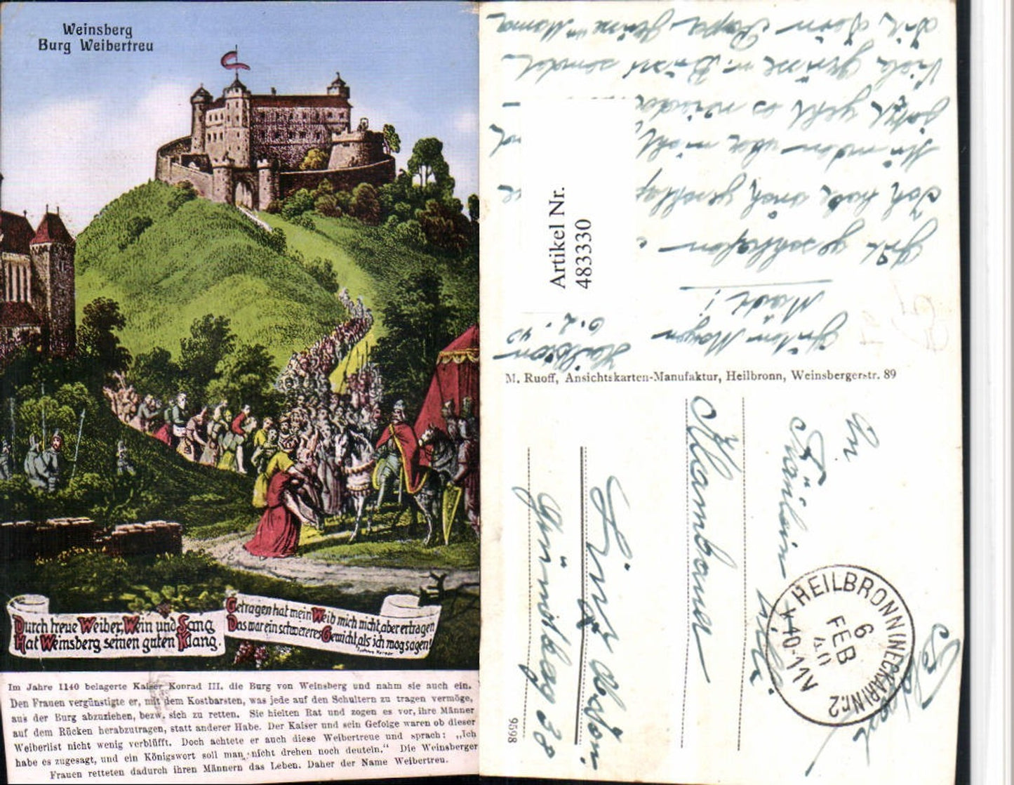 483330,Künstler AK Weinsberg Burg Weibertreu 1140 Spruch Text Feldpost
