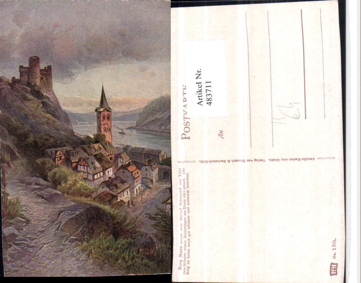 483711,Künstler AK Astudin Burg Maus b. St. Goarshausen Teilansicht