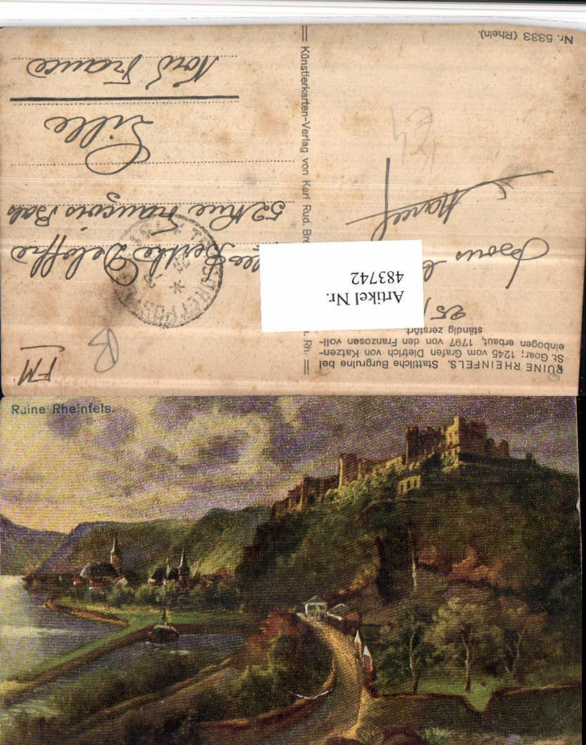 483742,Künstler AK Ruine Rheinfels b. St. Goar Teilansicht