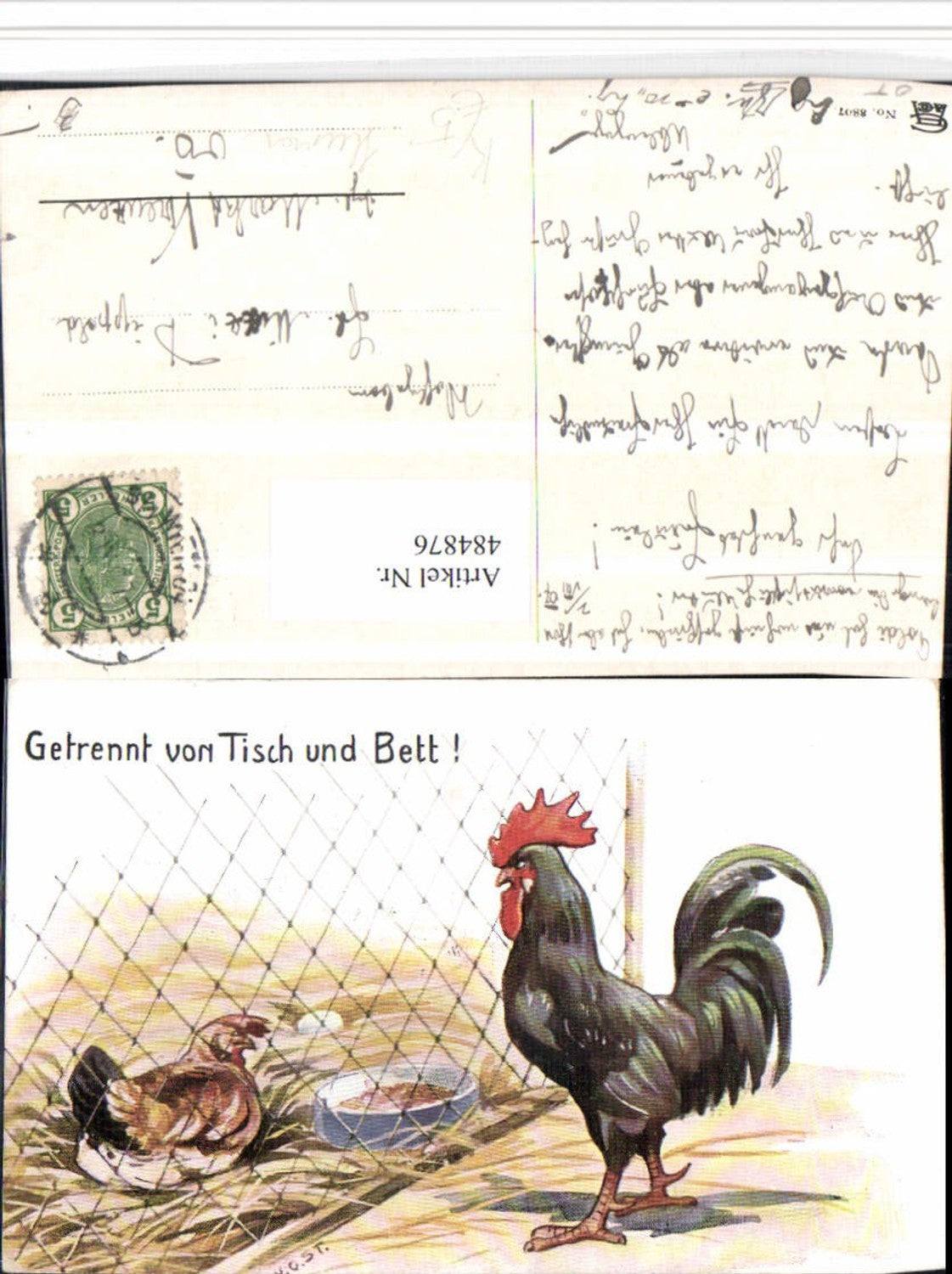 484876,Künstler AK Scherz Humor Getrennt von Tisch u. Bett Hahn Huhn