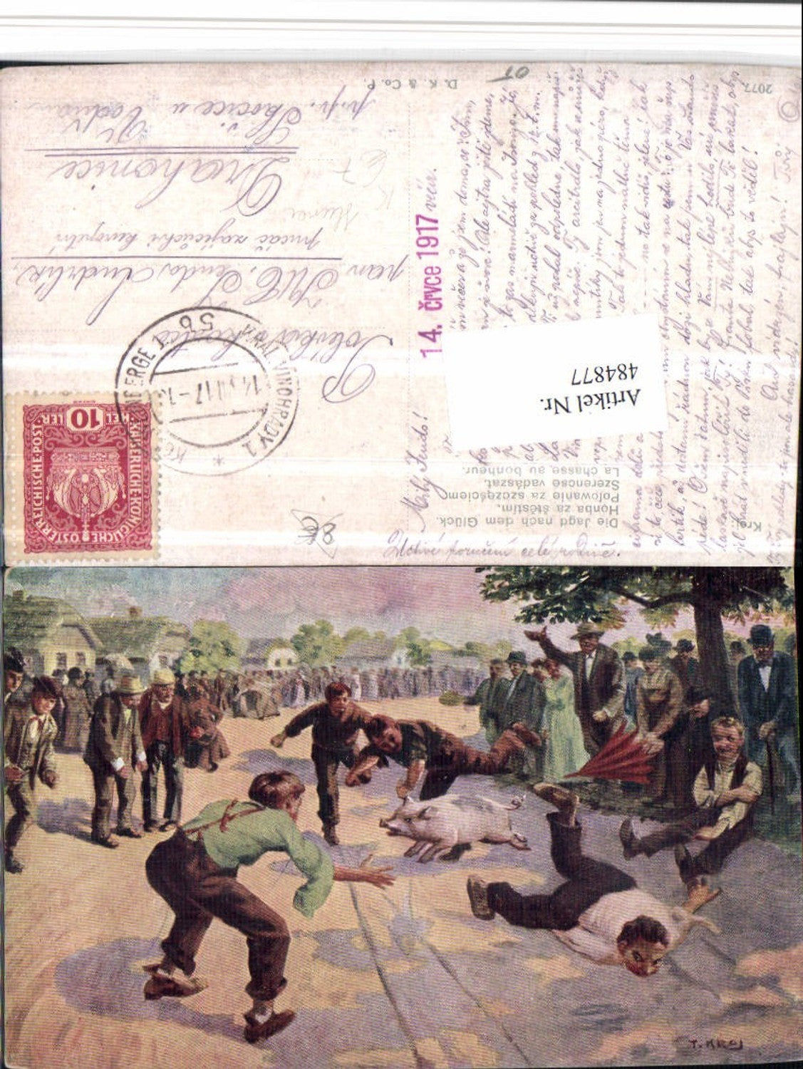 484877,Künstler AK T. Kroj Jagd nach dem Glück Scherz Humor Schwein