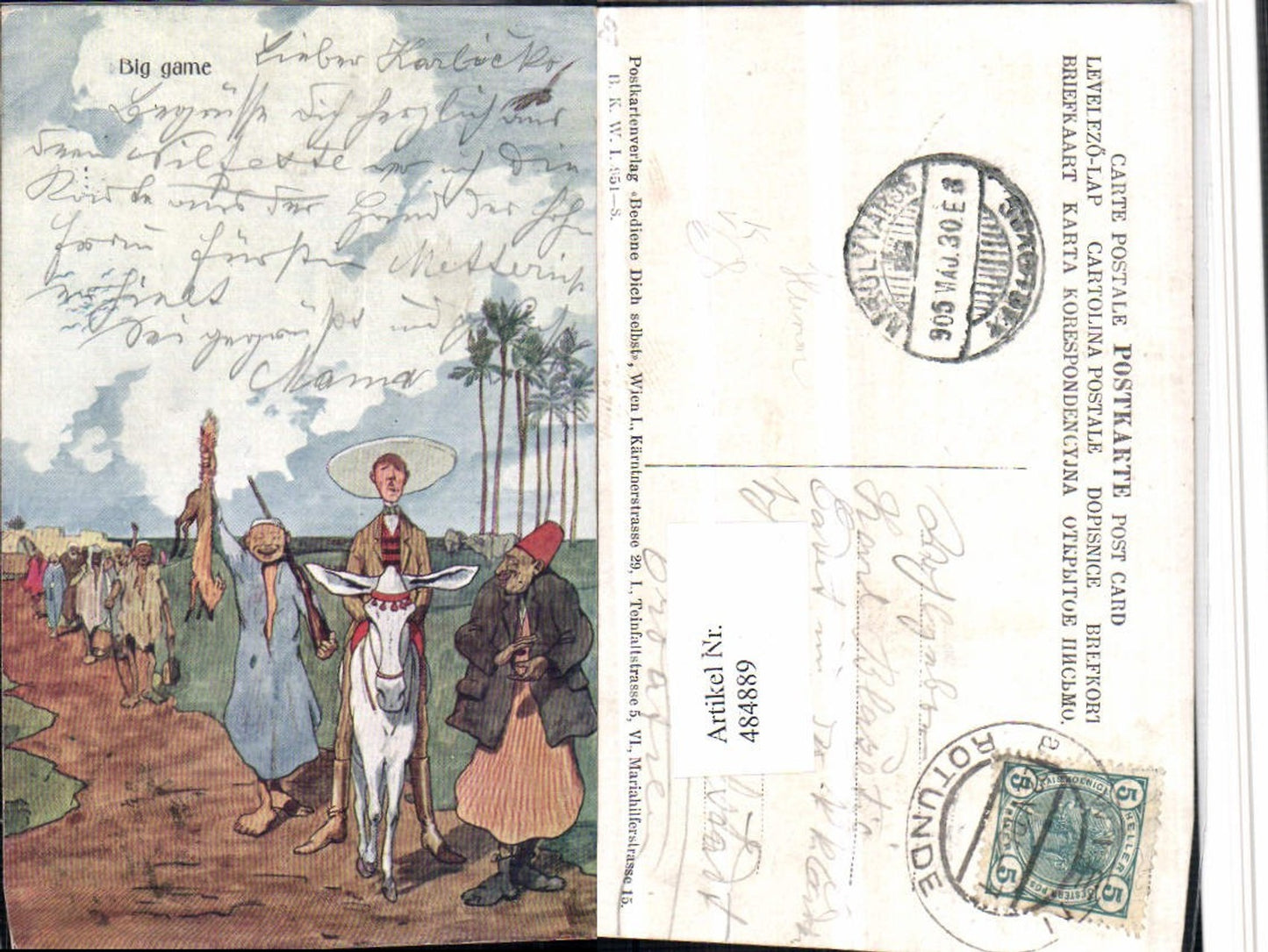484889,Künstler AK Big game Scherz Humor Jagd pub B.K.W.I. 951/8