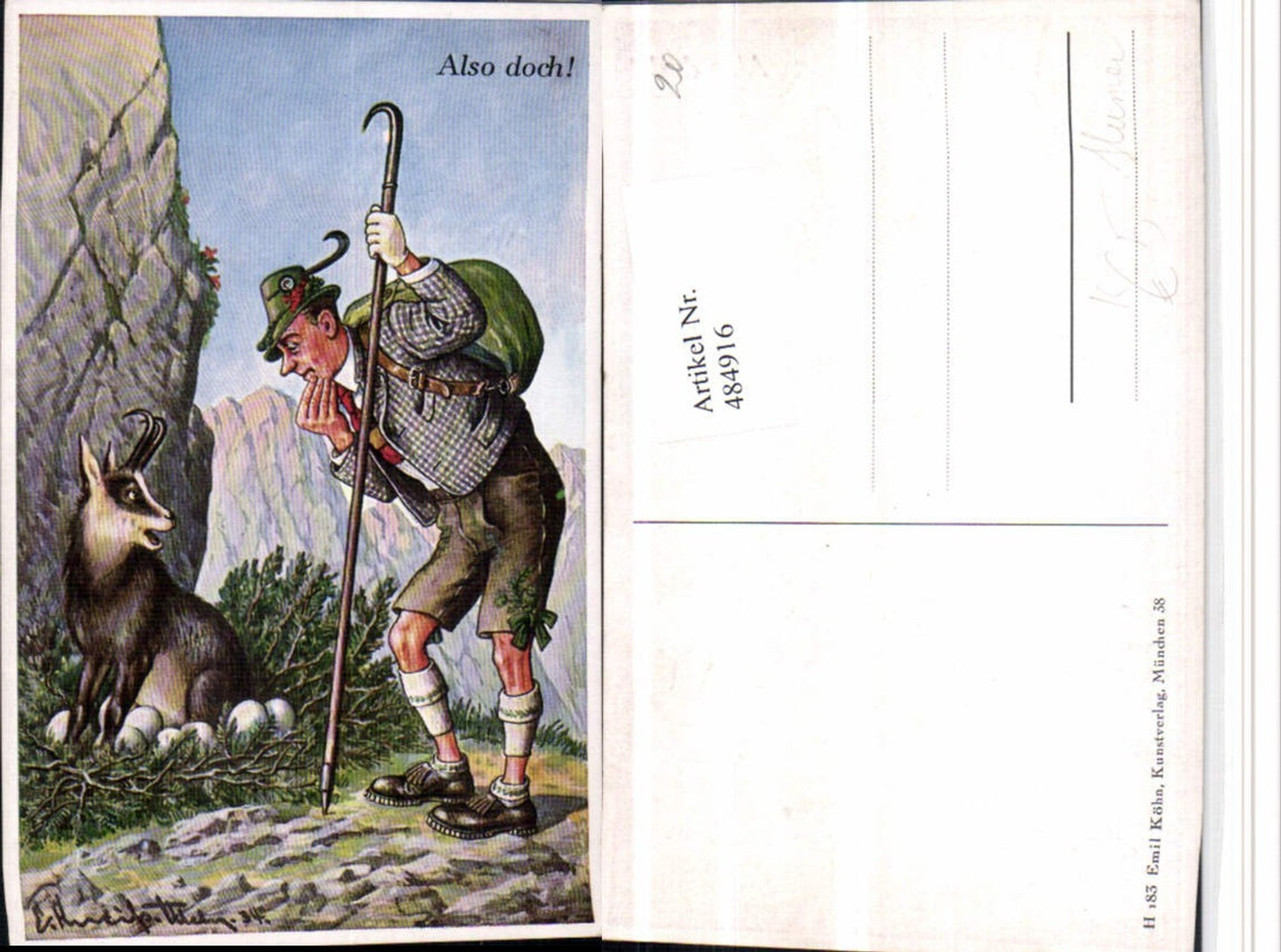 484916,Künstler AK Scherz Humor Wanderer Gams Nest Eier