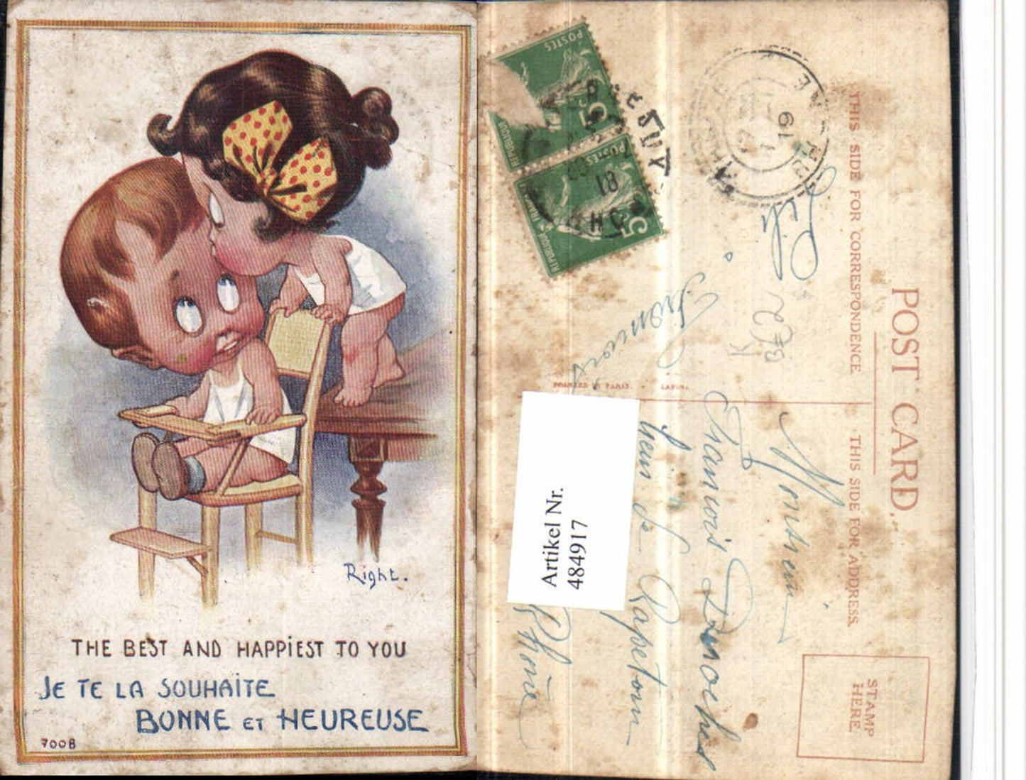 484917,Künstler AK Right Scherz Humor Kinder Kuss große Köpfe