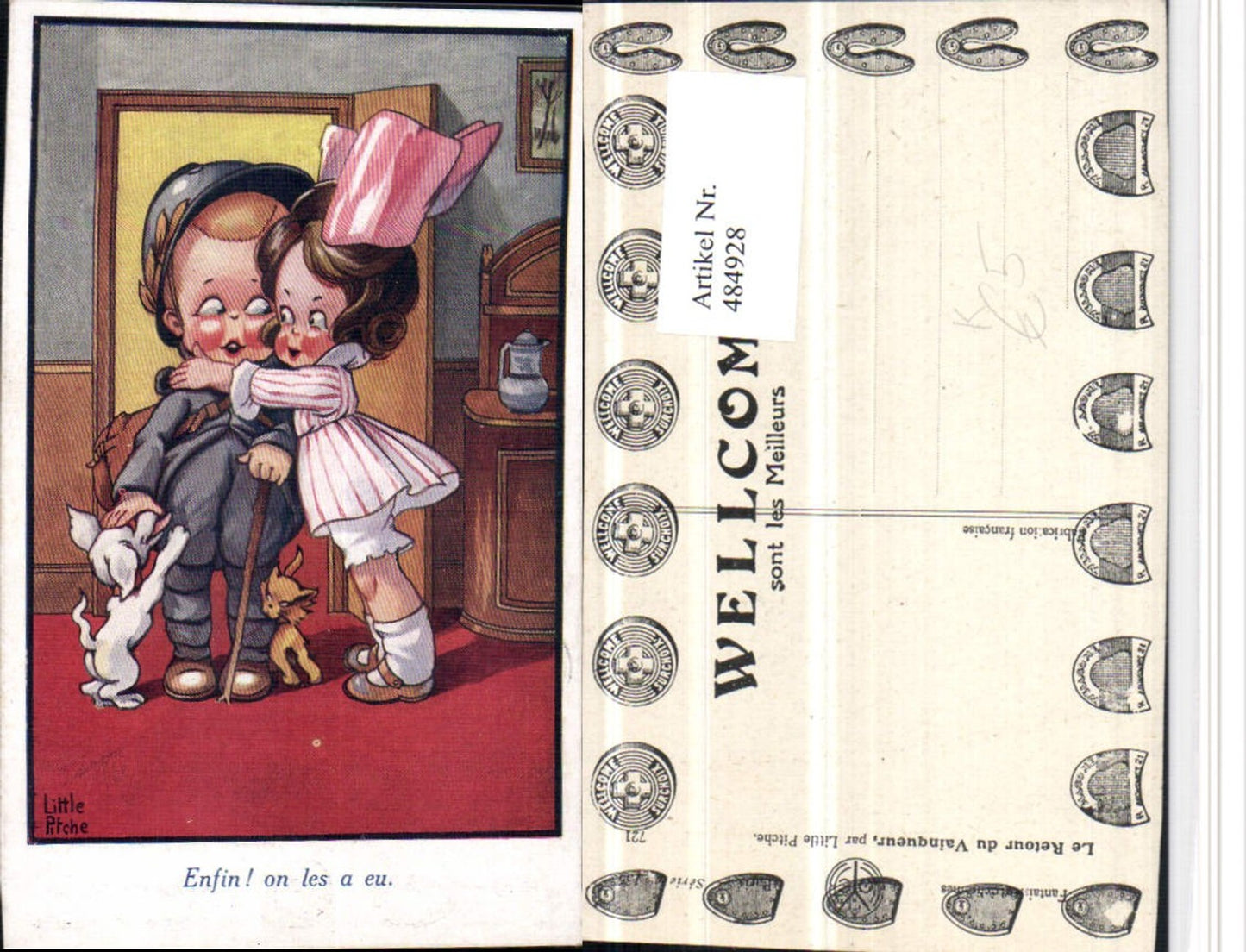 484928,Künstler AK Little Psitche Scherz Humor Kinder Uniform Hund Katze