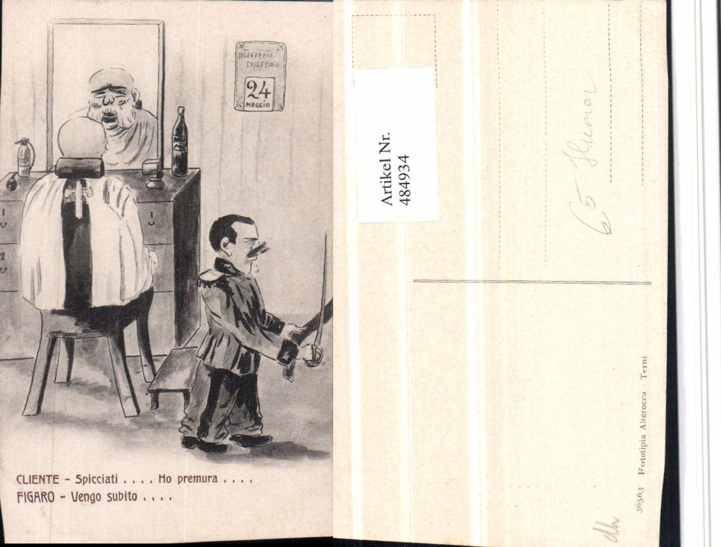 484934,Künstler AK Scherz Humor Kleiner Mann Figaro Friseur