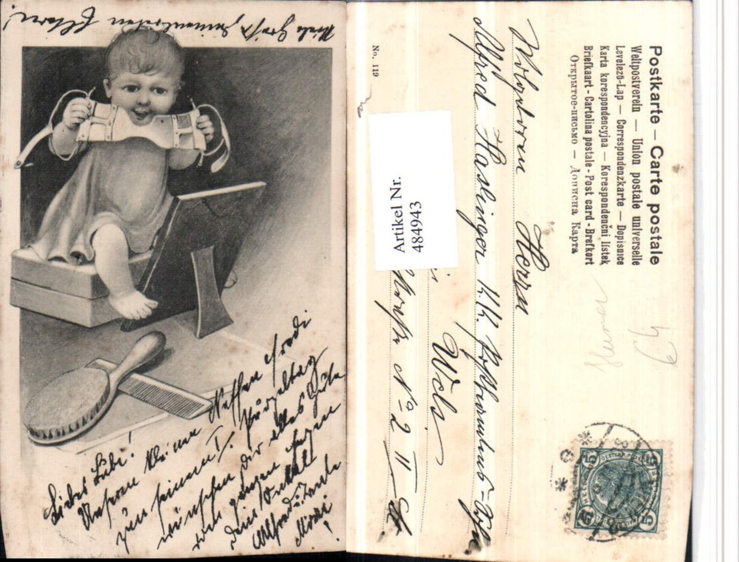 484943,Künstler AK Scherz Humor Baby Kind Spiegel Kamm