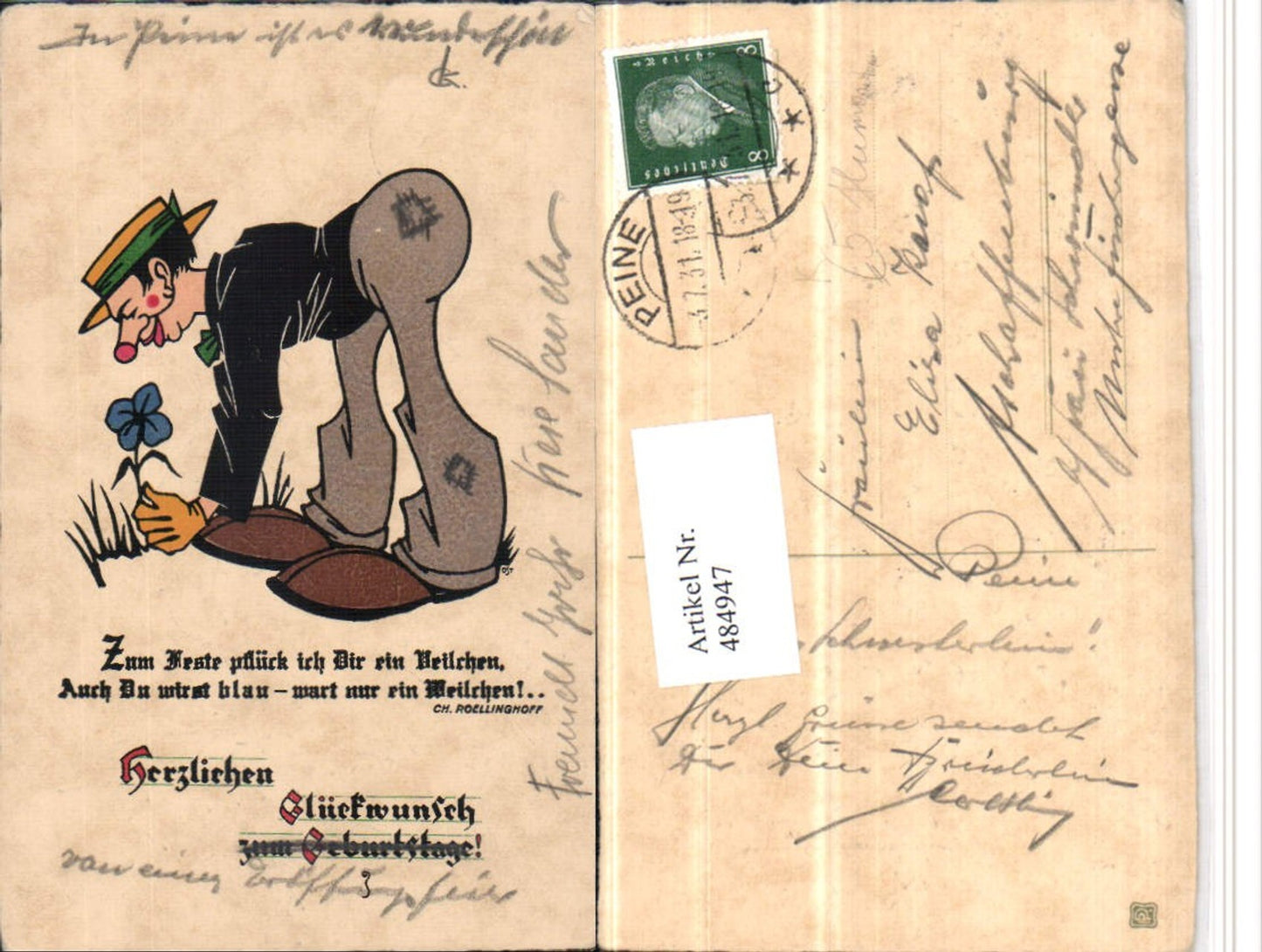 484947,Künstler AK Scherz Humor Mann Po Rote Nase Blume