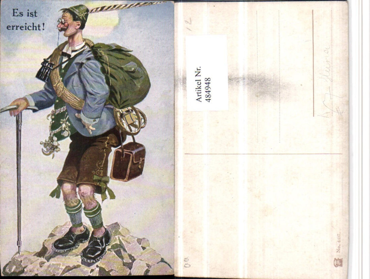 484948,Künstler AK Scherz Humor Wanderer Tracht Gepäck