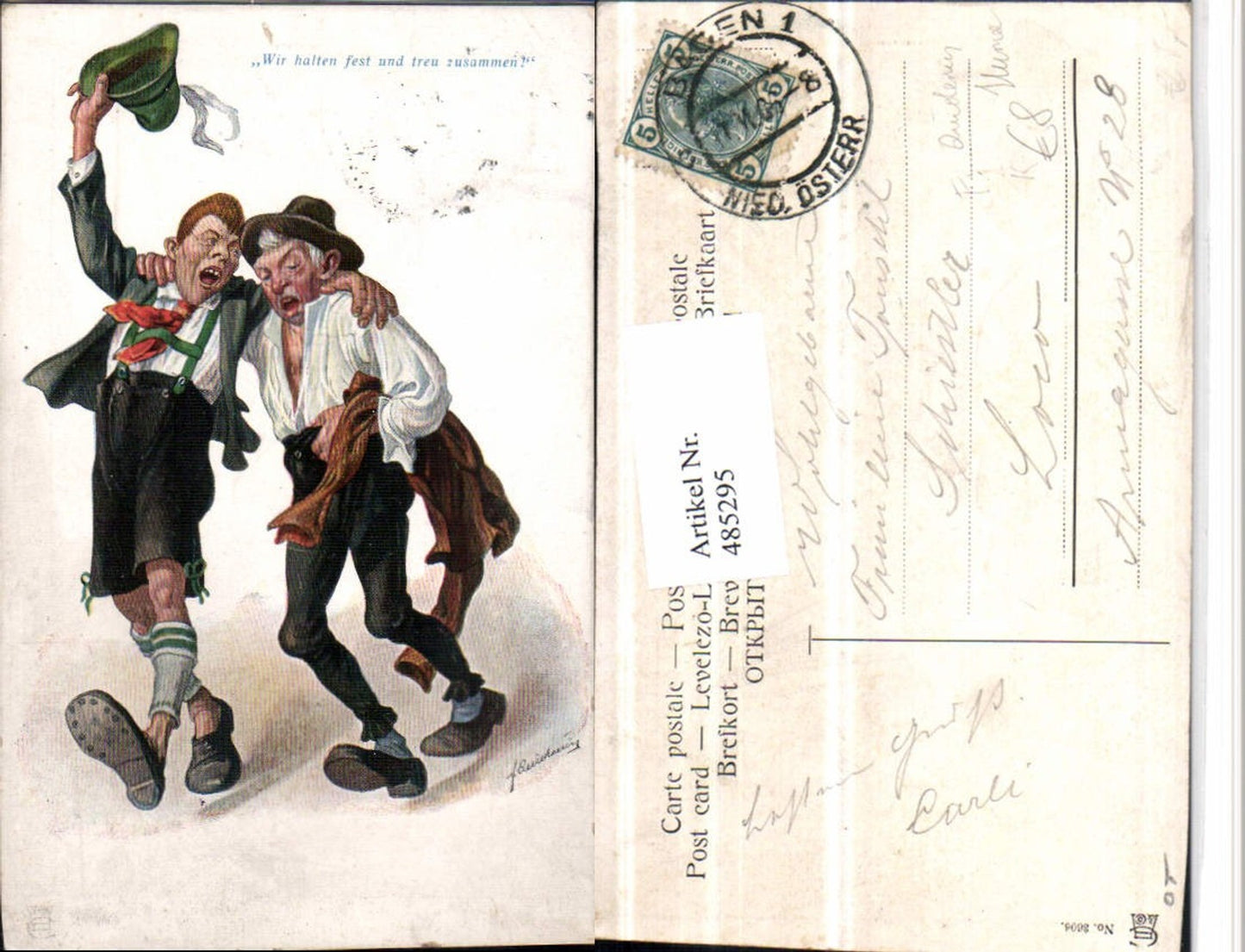 485295,Künstler AK F. Quidenus Trinkerhumor Betrunkene Zusammenhalt Hut