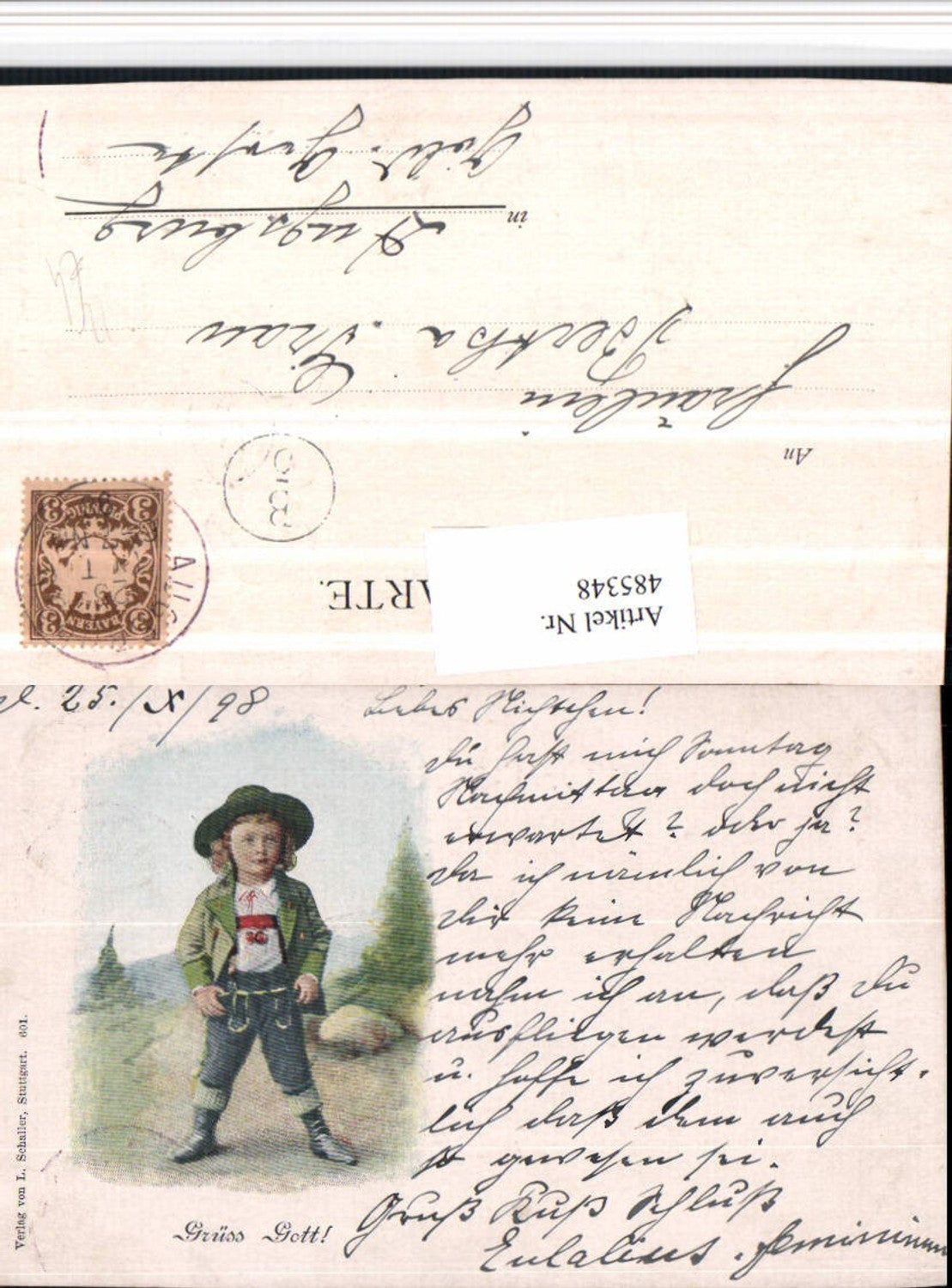 485348,Künstler AK Grüß Gott Kind Junge Tracht Hut