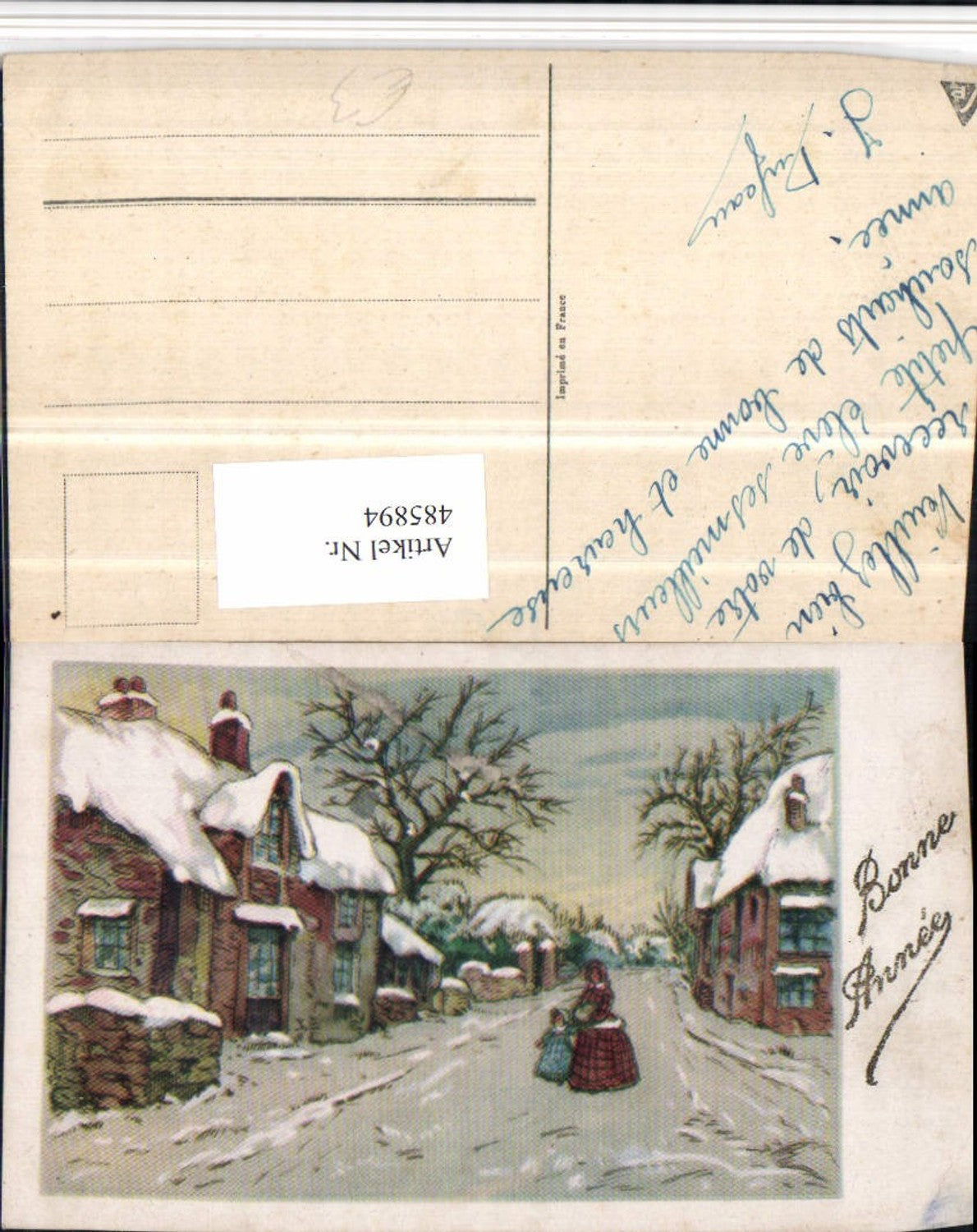 485894,Künstler AK Winterdorf Frau m. Kind Straßenansicht