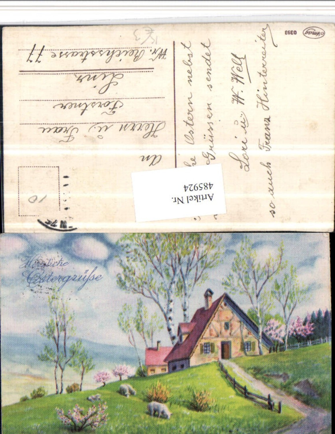 485924, Artist AK Easter Landscape House Sheep