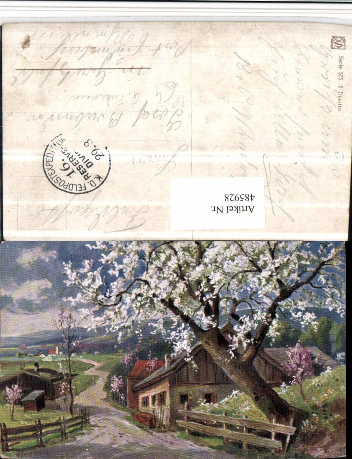 485928,Künstler AK G. Fuhrmann Wegpartie Baumblüte Feldpost 16 Res. Division