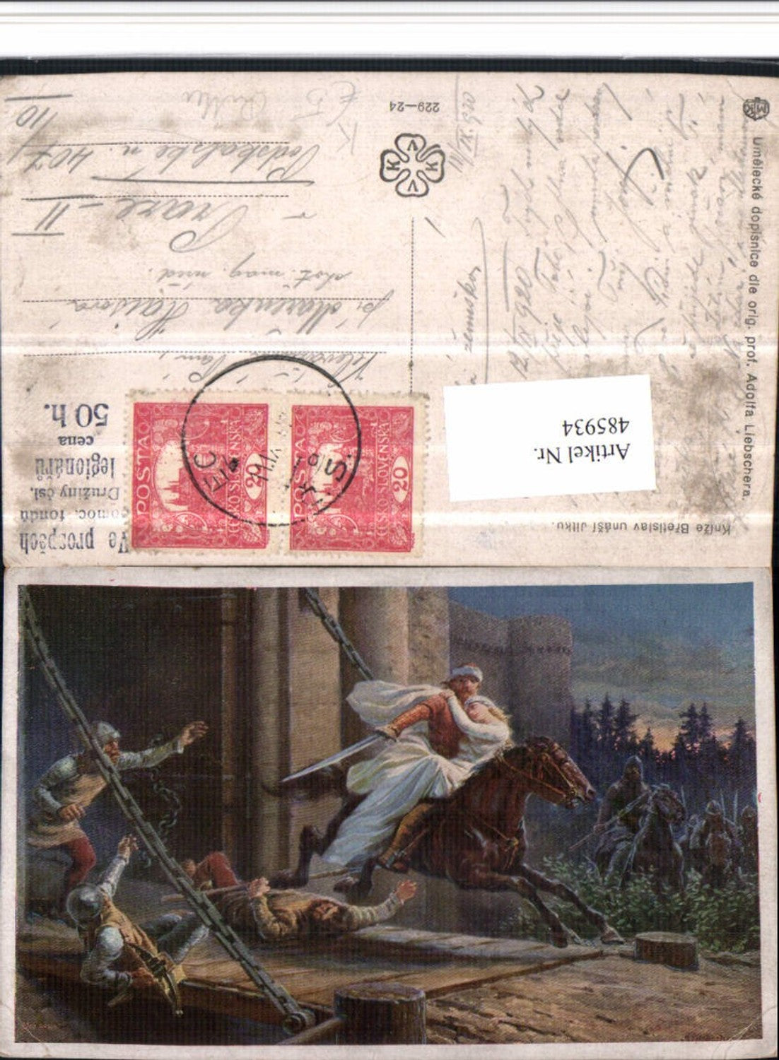 485934,Künstler AK Adolfa Liebschera Ritter Pferd Zugbrücke