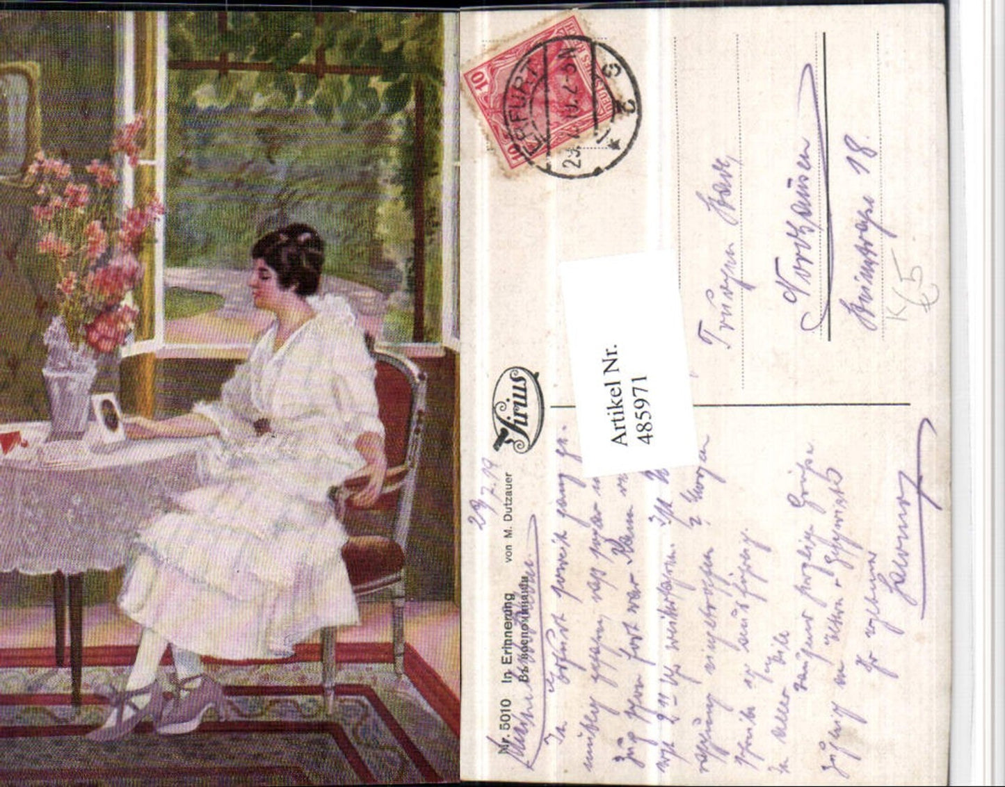 485971,Künstler AK M. Dutzauer In Erinnerung Frau Kleid Sessel Bild Blumen