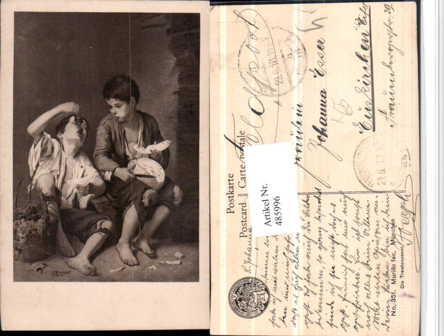 485996,Künstler AK Murillo Traubenesser Kinder Trauben Korb