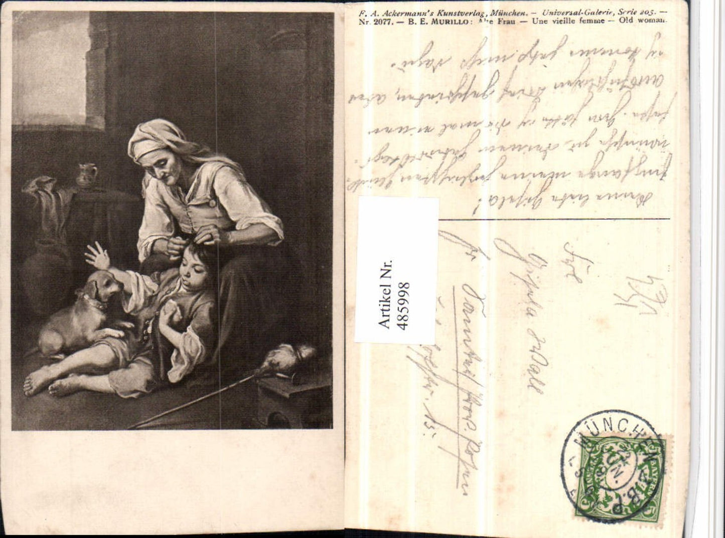 485998,Künstler AK B.E. Murillo Alte Frau Kind Hund pub Ackermann 2077