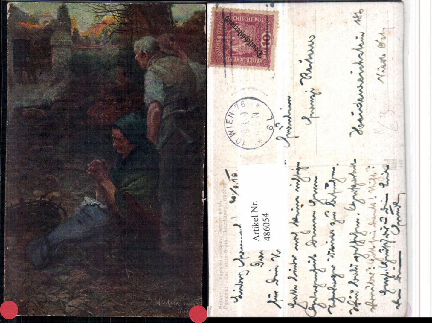 486054,Künstler AK Rasek Der letzte Gruß Frau b. Beten