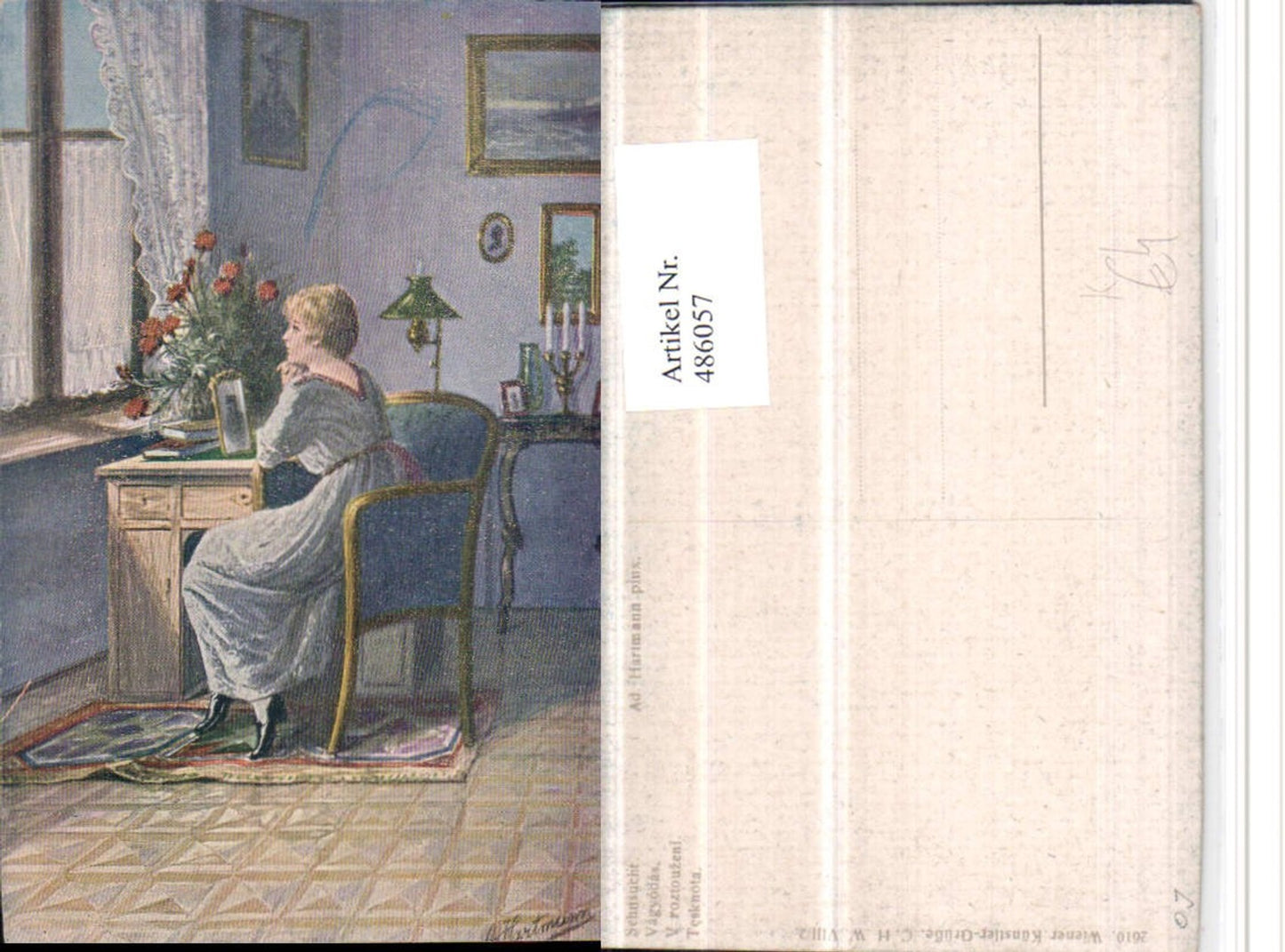 486057,Künstler AK Ad. Hartmann Sehnsucht Frau Kleid Fenster