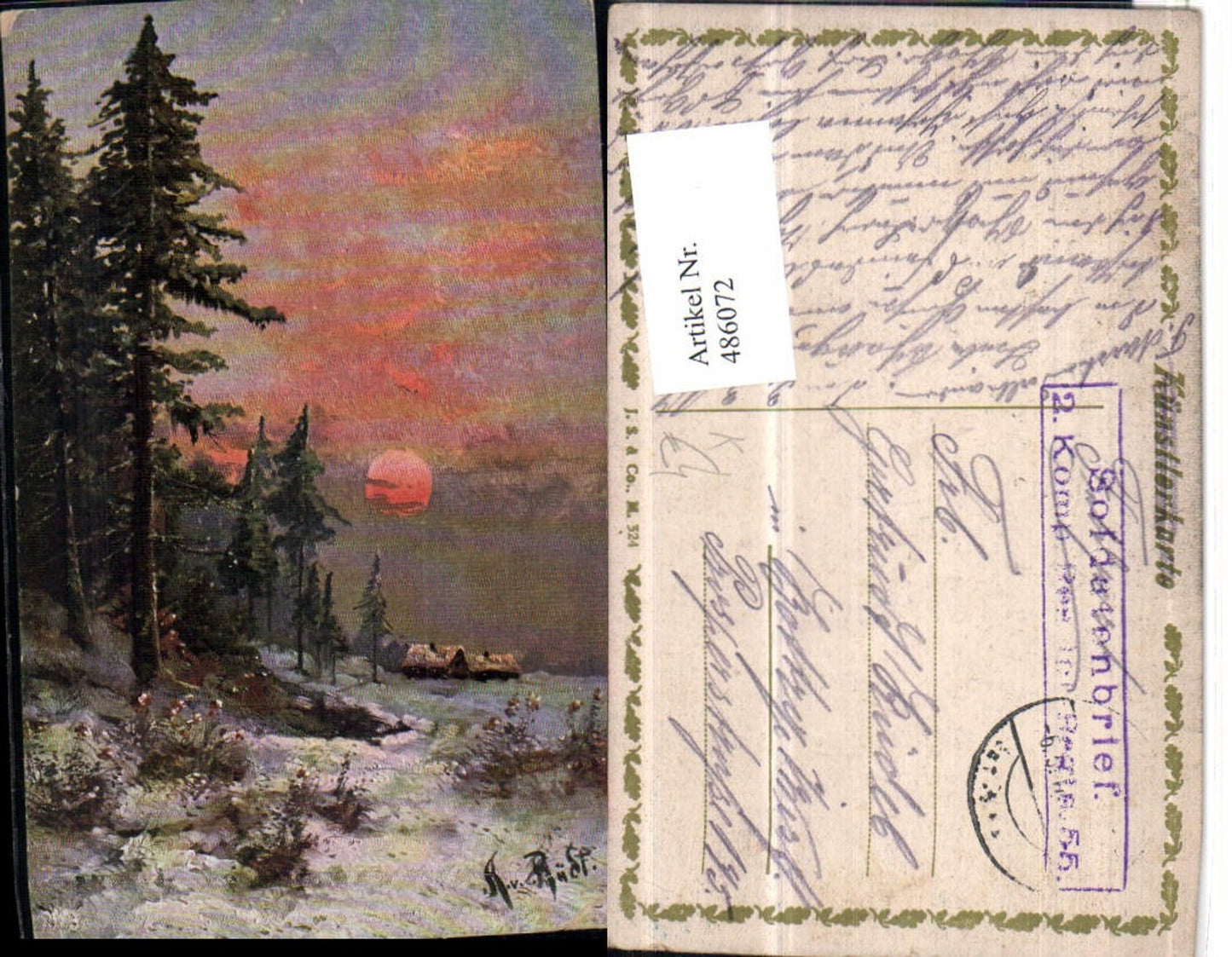 486072,Künstler AK A. v. Rüdt Winterlandschaft Rote Sonne