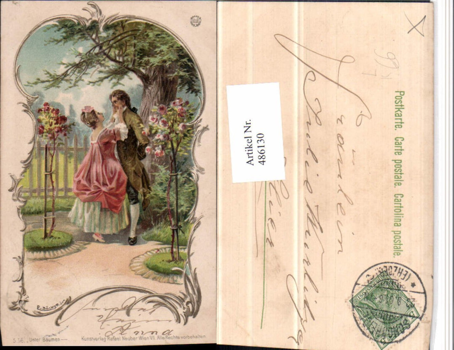 486130,Künstler Litho E. Döcker jun. Unter Bäumen Liebe Paar Rosen Baum