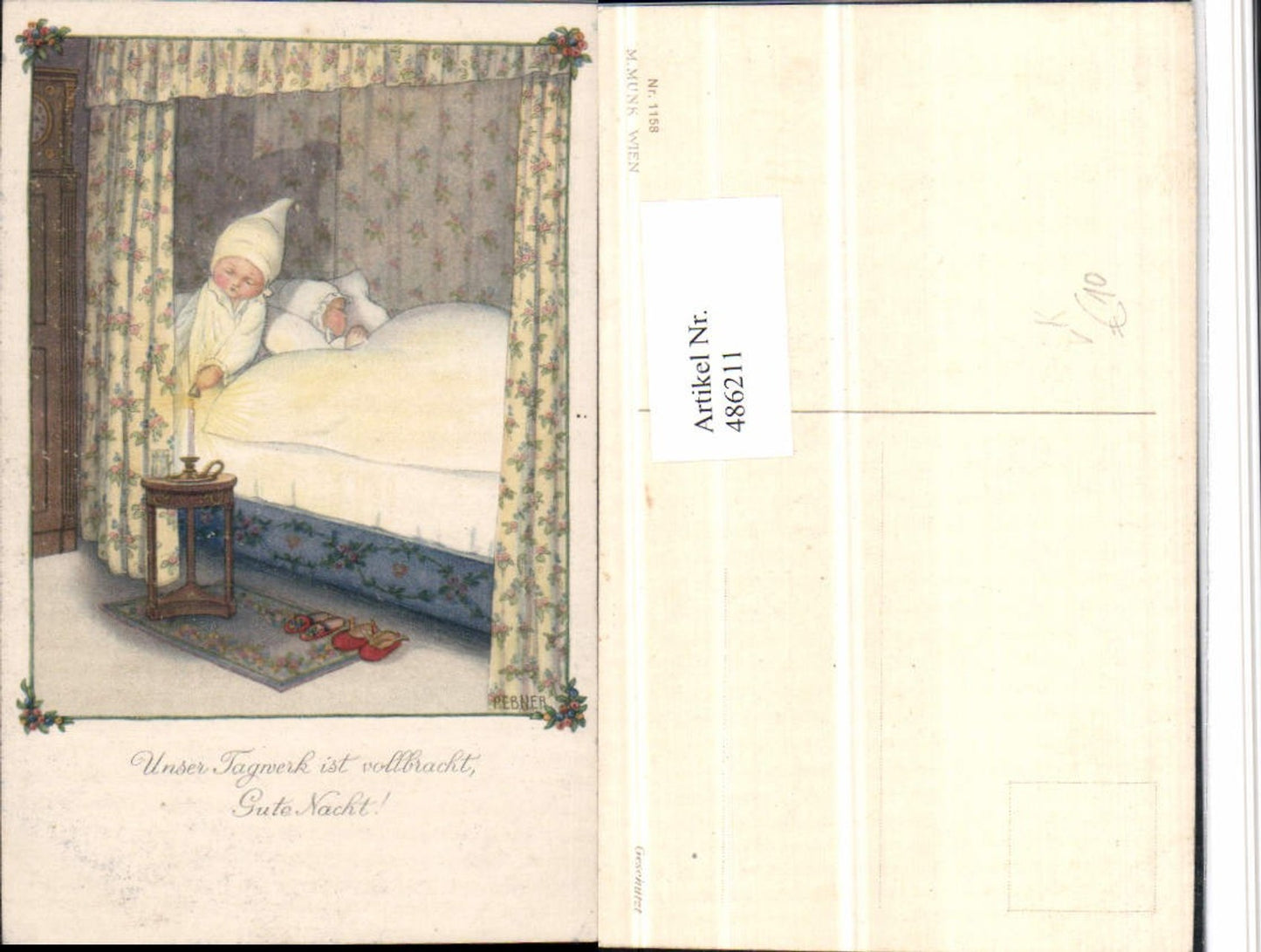 486211,Künstler AK Pauli Ebner Gute Nacht Kinder Bett Kerze pub M. Munk 1158