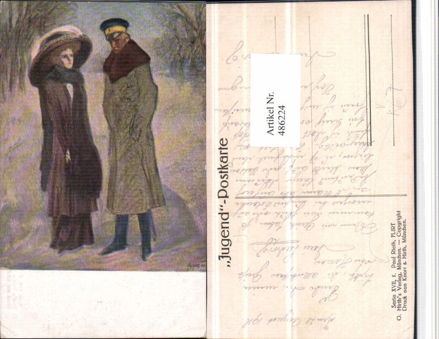 486224,Jugend AK G. Hirth München Künstler Paul Rieth Flirt Frau m. Hut