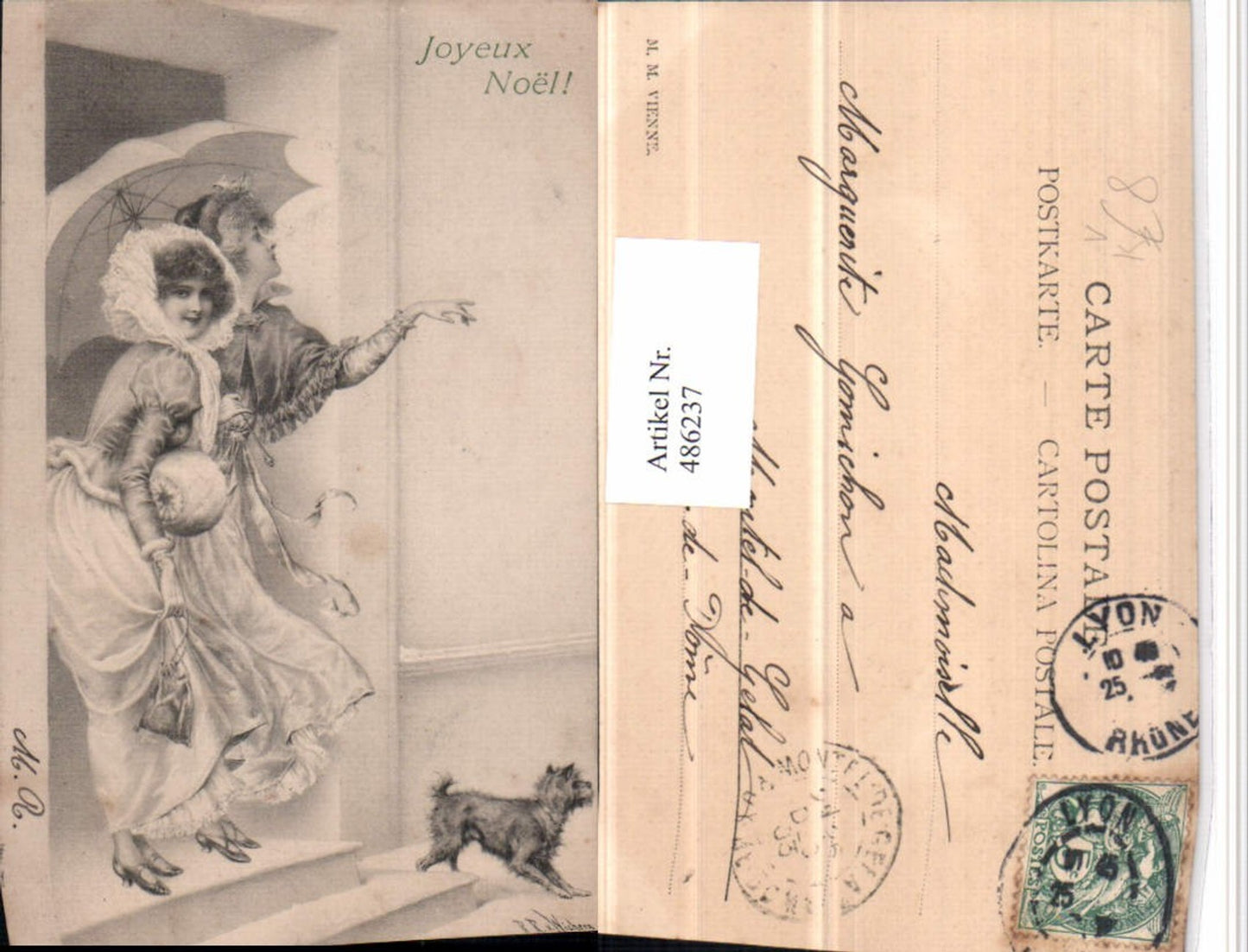 486237,M. Munk Vienne Künstler R.R. v. Wichera Frauen Muff Schirm Hund